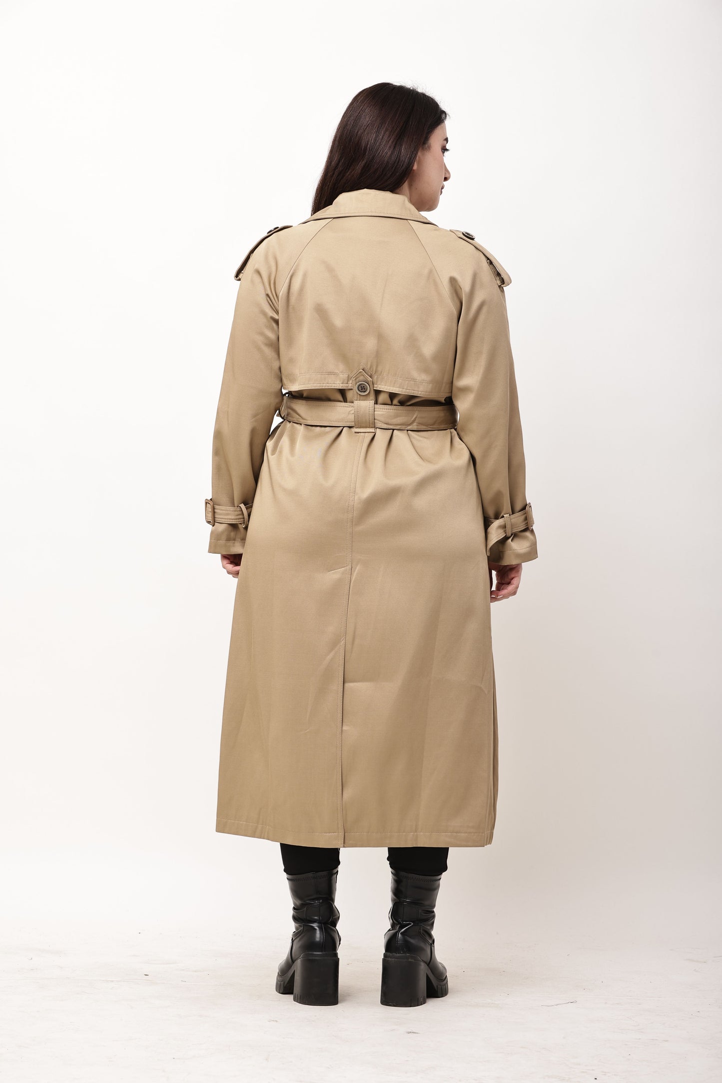 Beige Faux Leather Long Trench Coat for Women | Belted Winter Coat