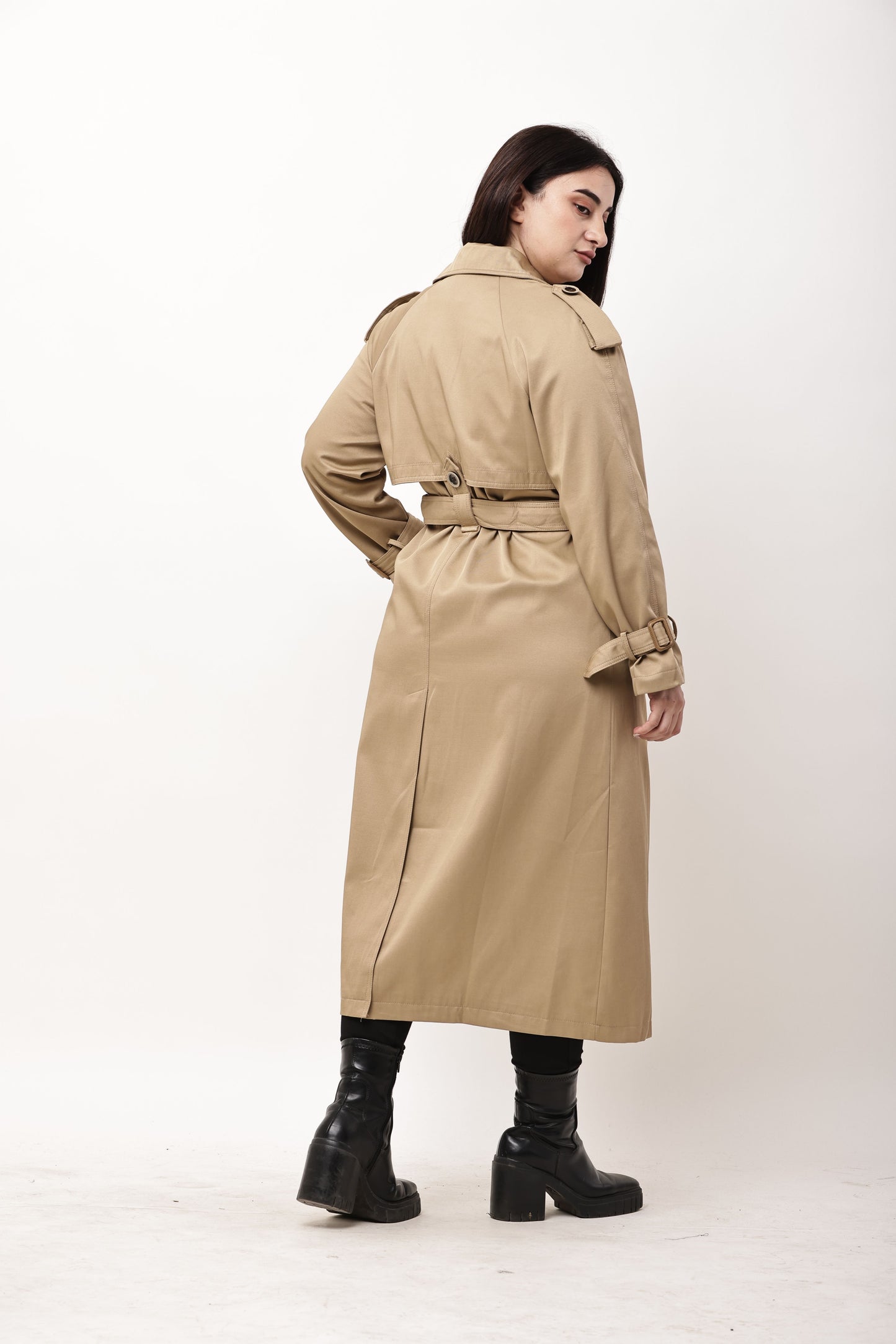 Beige Faux Leather Long Trench Coat for Women | Belted Winter Coat