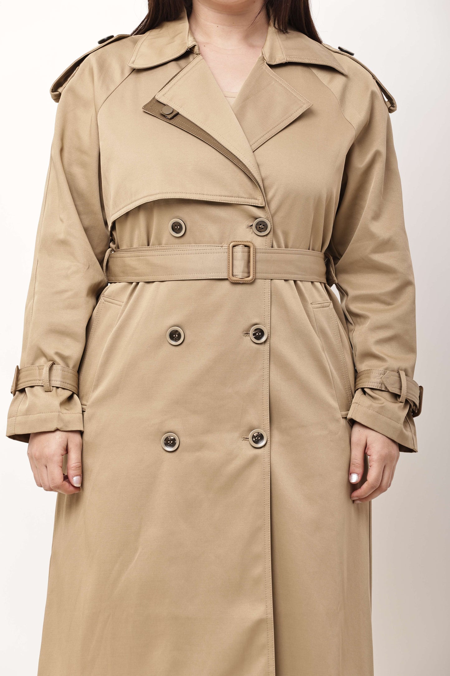 Beige Faux Leather Long Trench Coat for Women | Belted Winter Coat