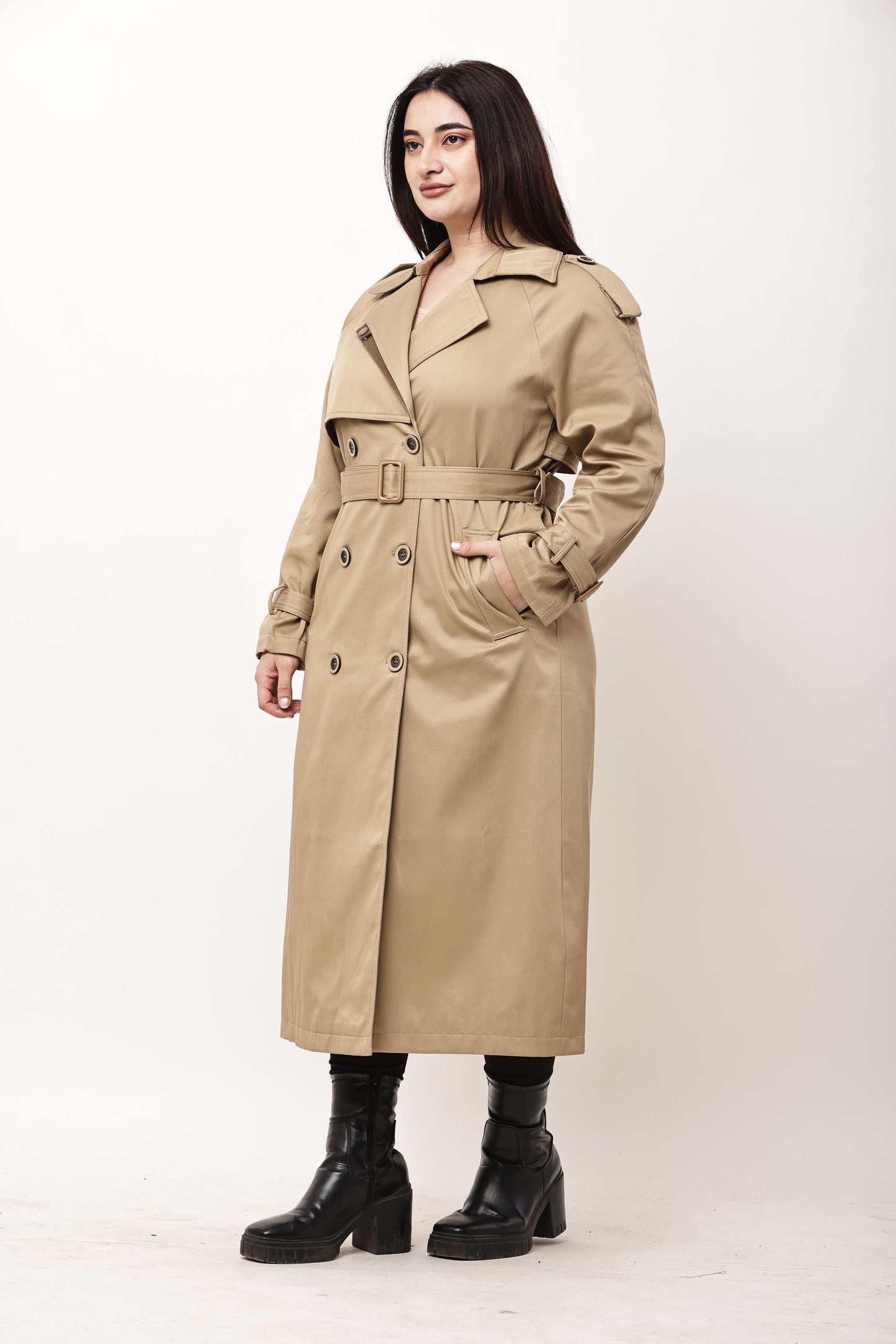 Beige Faux Leather Long Trench Coat for Women | Belted Winter Coat