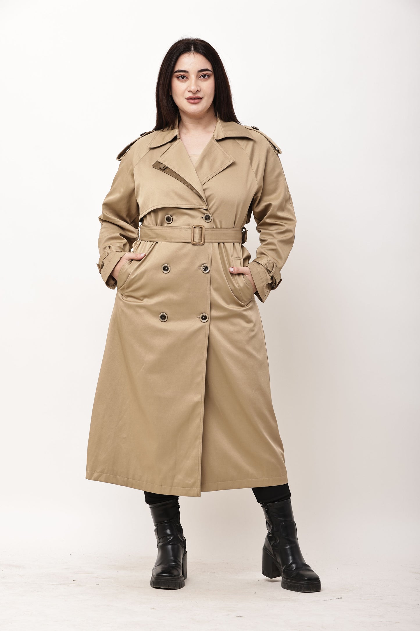 Beige Faux Leather Long Trench Coat for Women | Belted Winter Coat