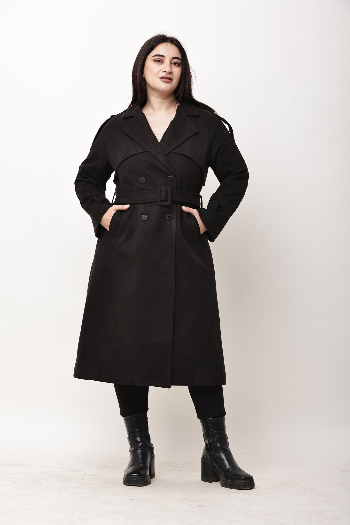 Korean Double-Breasted Long Trench Coat for Women | Belted Winter Outerwear