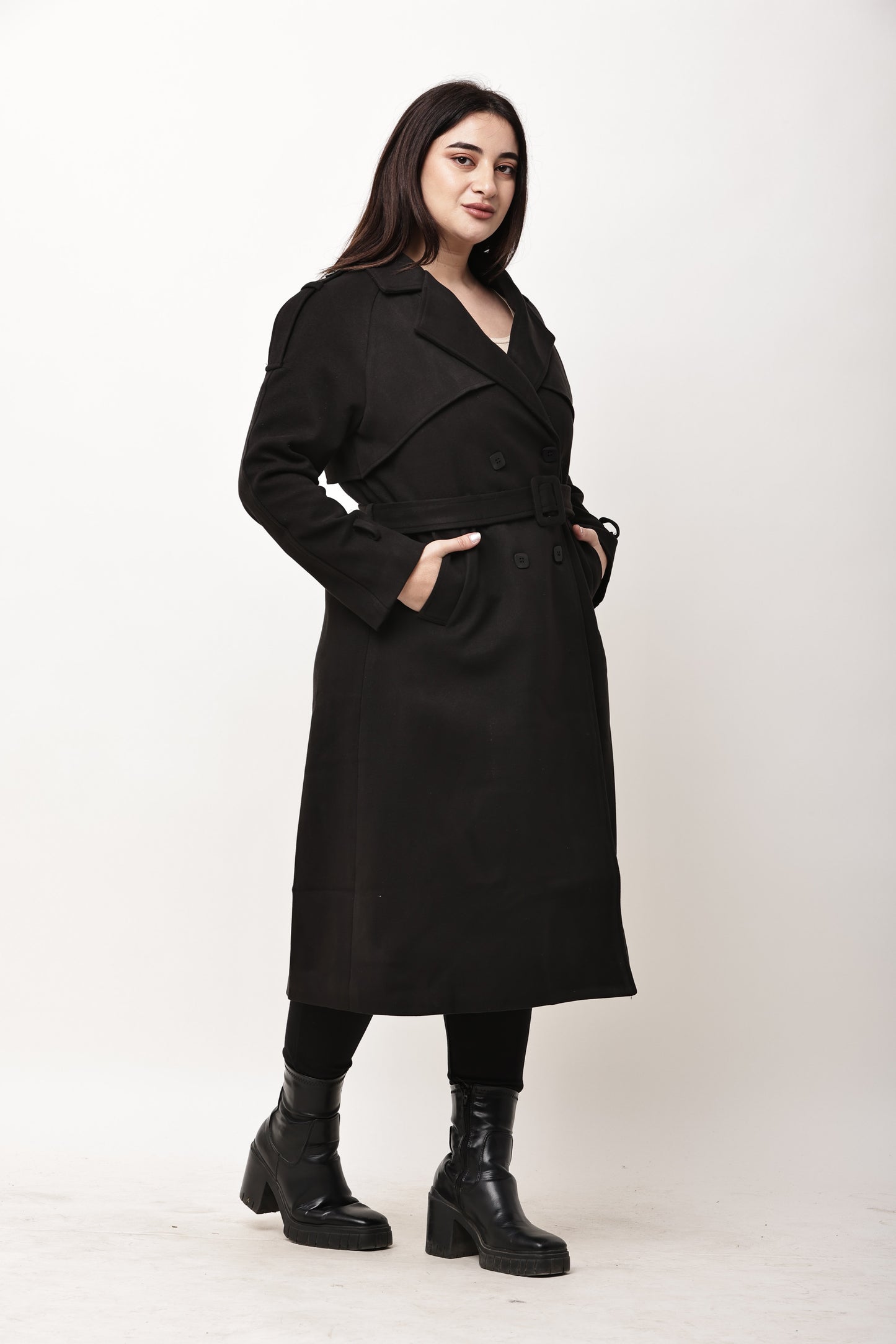 Korean Double-Breasted Long Trench Coat for Women | Belted Winter Outerwear