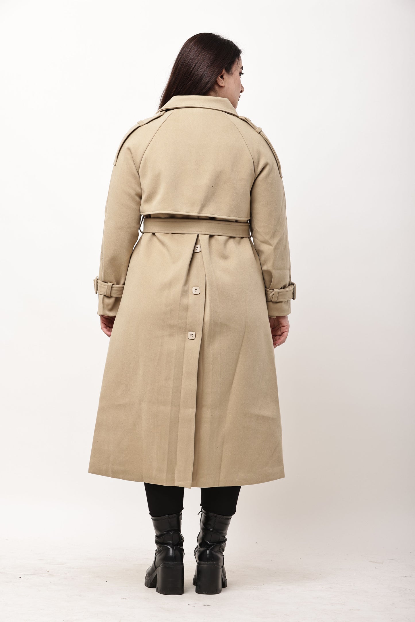Beige Faux Leather Long Trench Coat for Women | Belted Winter Coat