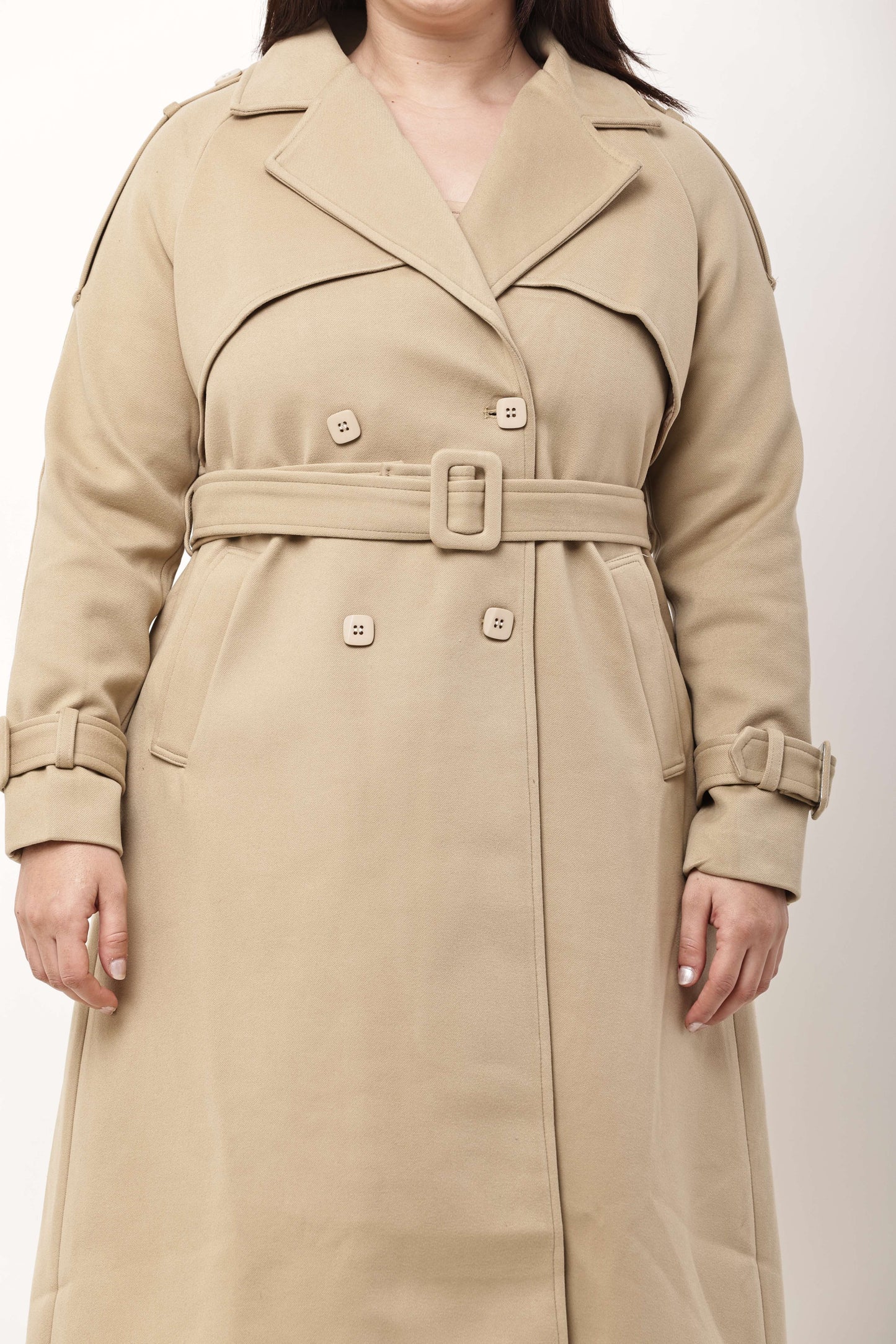 Beige Faux Leather Long Trench Coat for Women | Belted Winter Coat