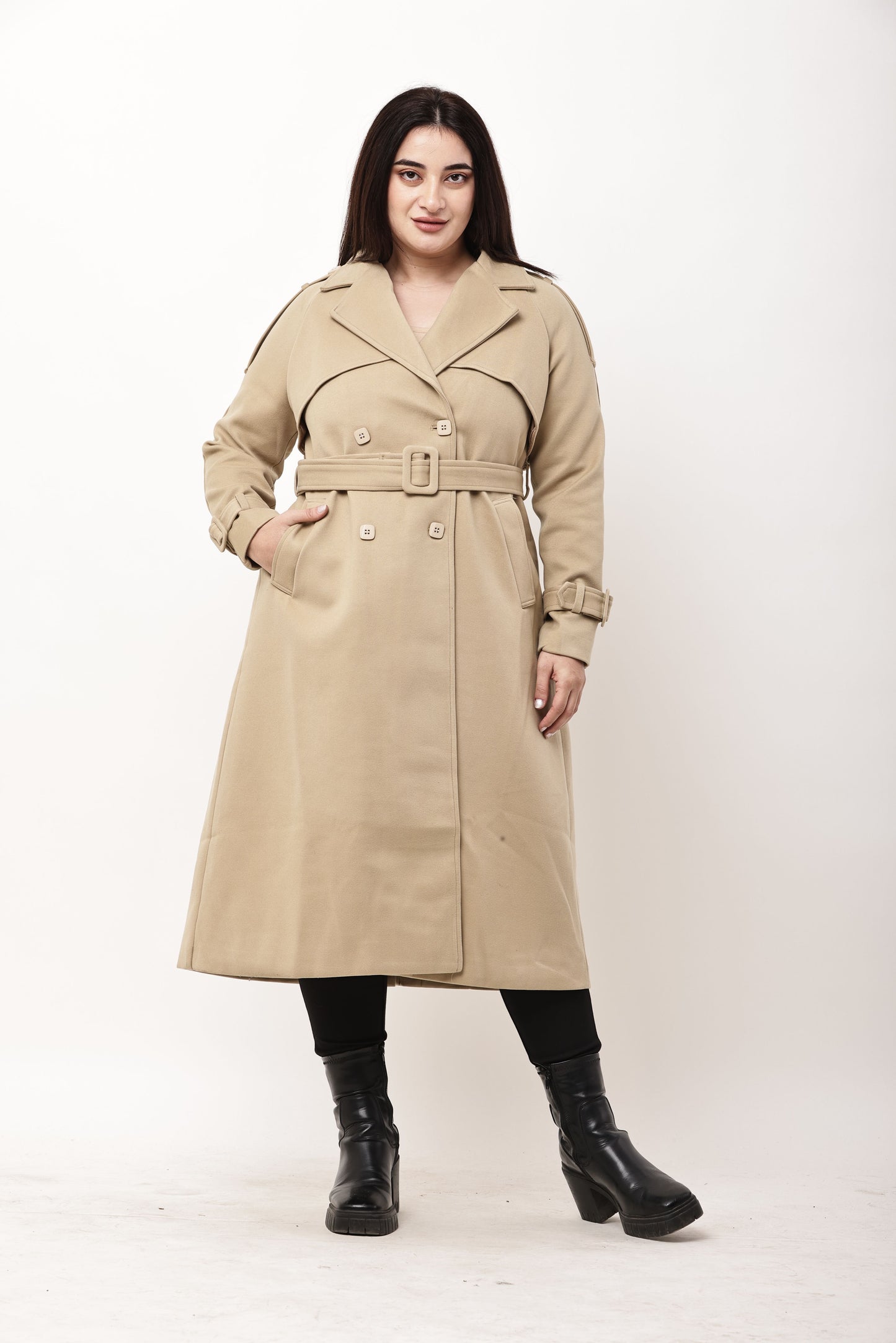 Beige Faux Leather Long Trench Coat for Women | Belted Winter Coat