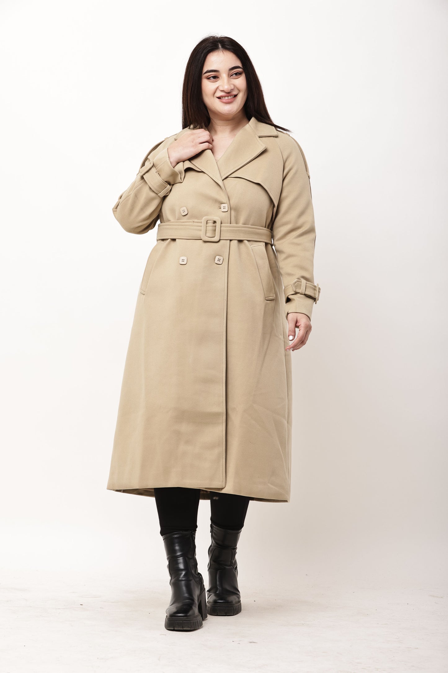 Beige Faux Leather Long Trench Coat for Women | Belted Winter Coat