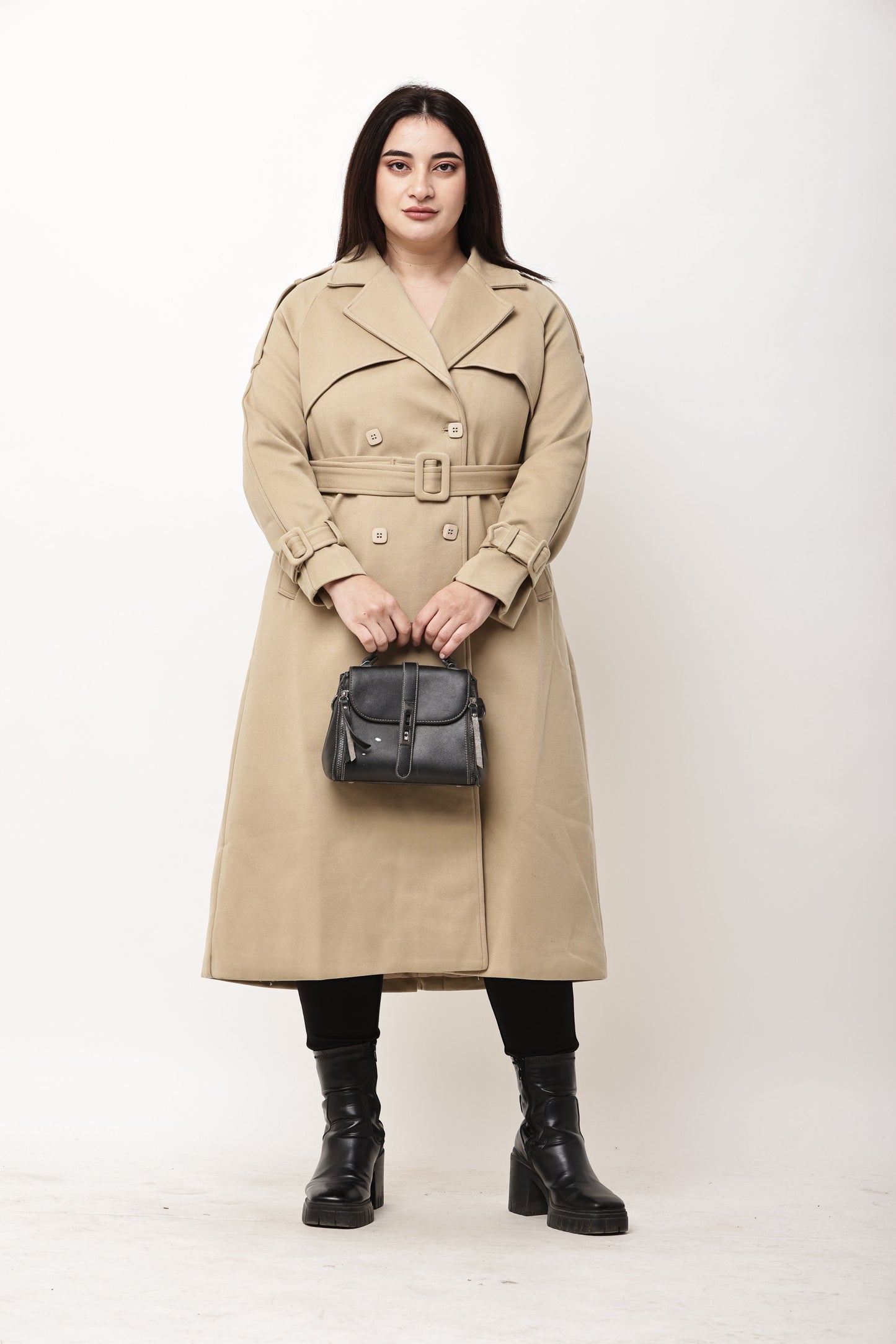 Beige Faux Leather Long Trench Coat for Women | Belted Winter Coat