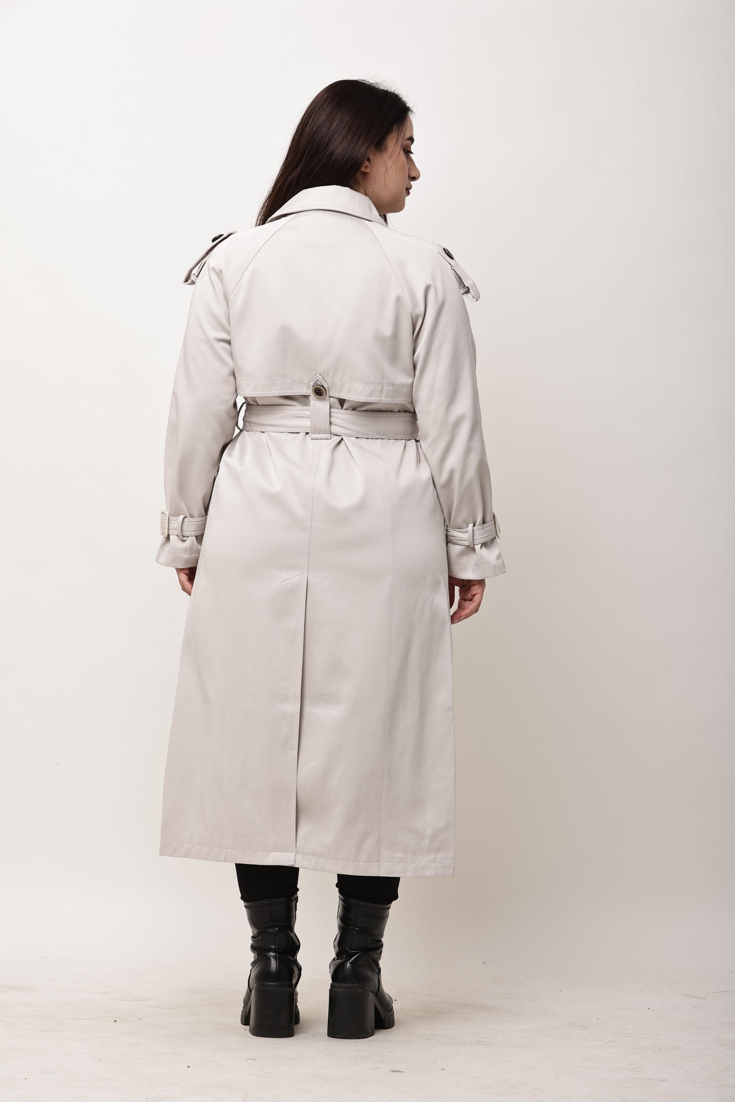 Beige Faux Leather Long Trench Coat for Women | Belted Winter Coat