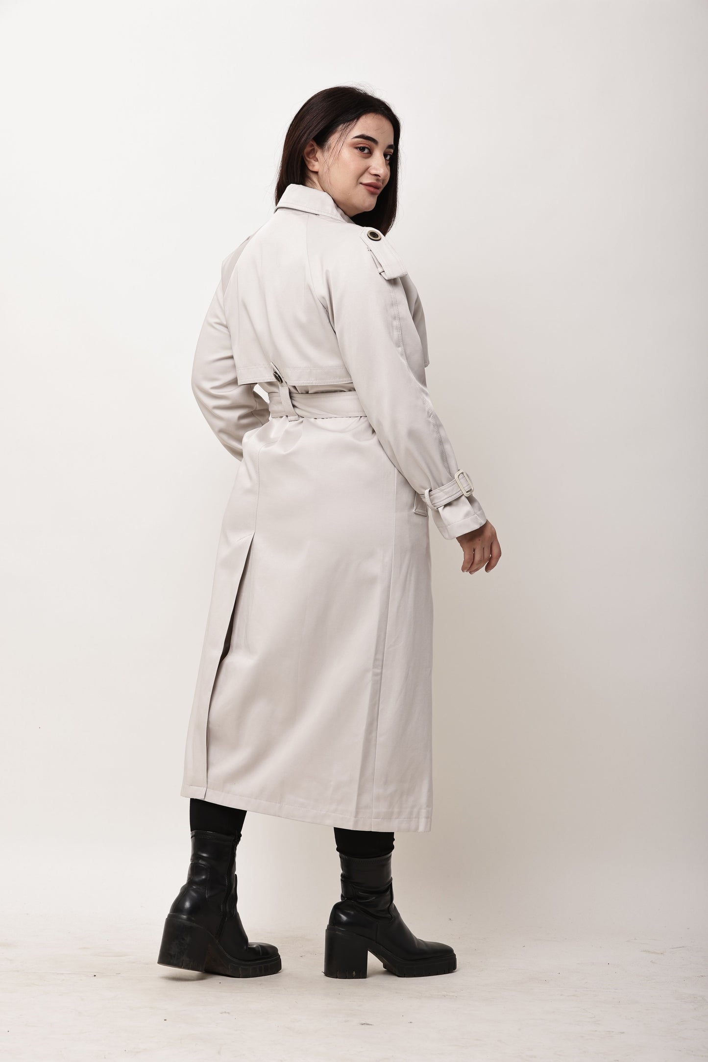 Beige Faux Leather Long Trench Coat for Women | Belted Winter Coat