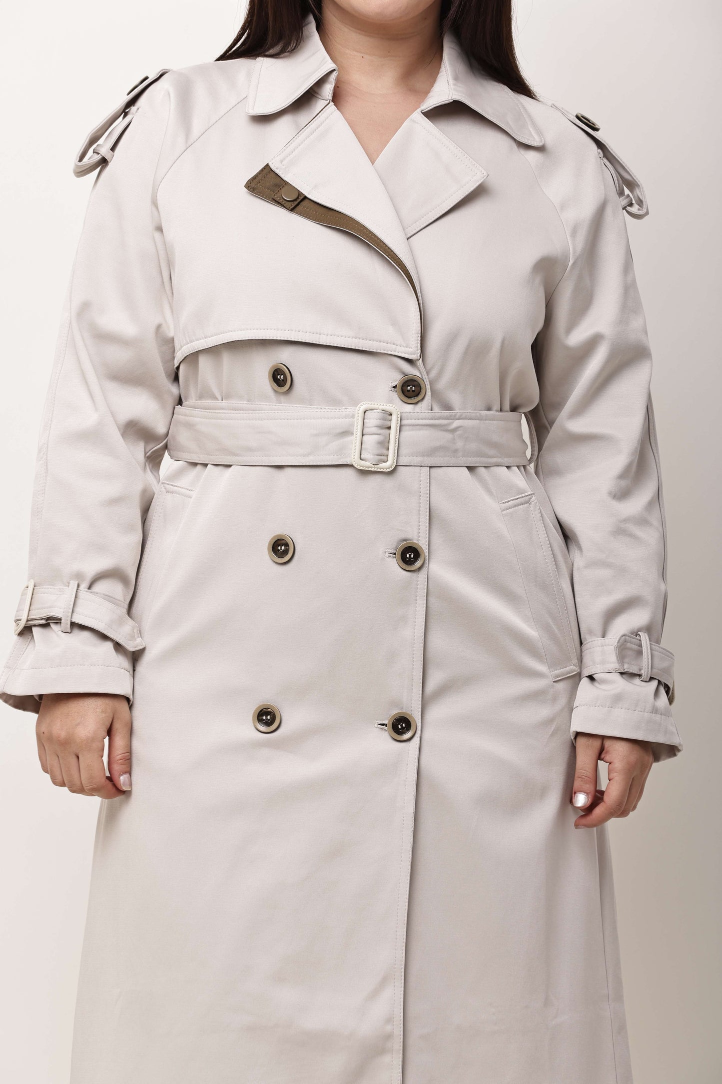 Beige Faux Leather Long Trench Coat for Women | Belted Winter Coat