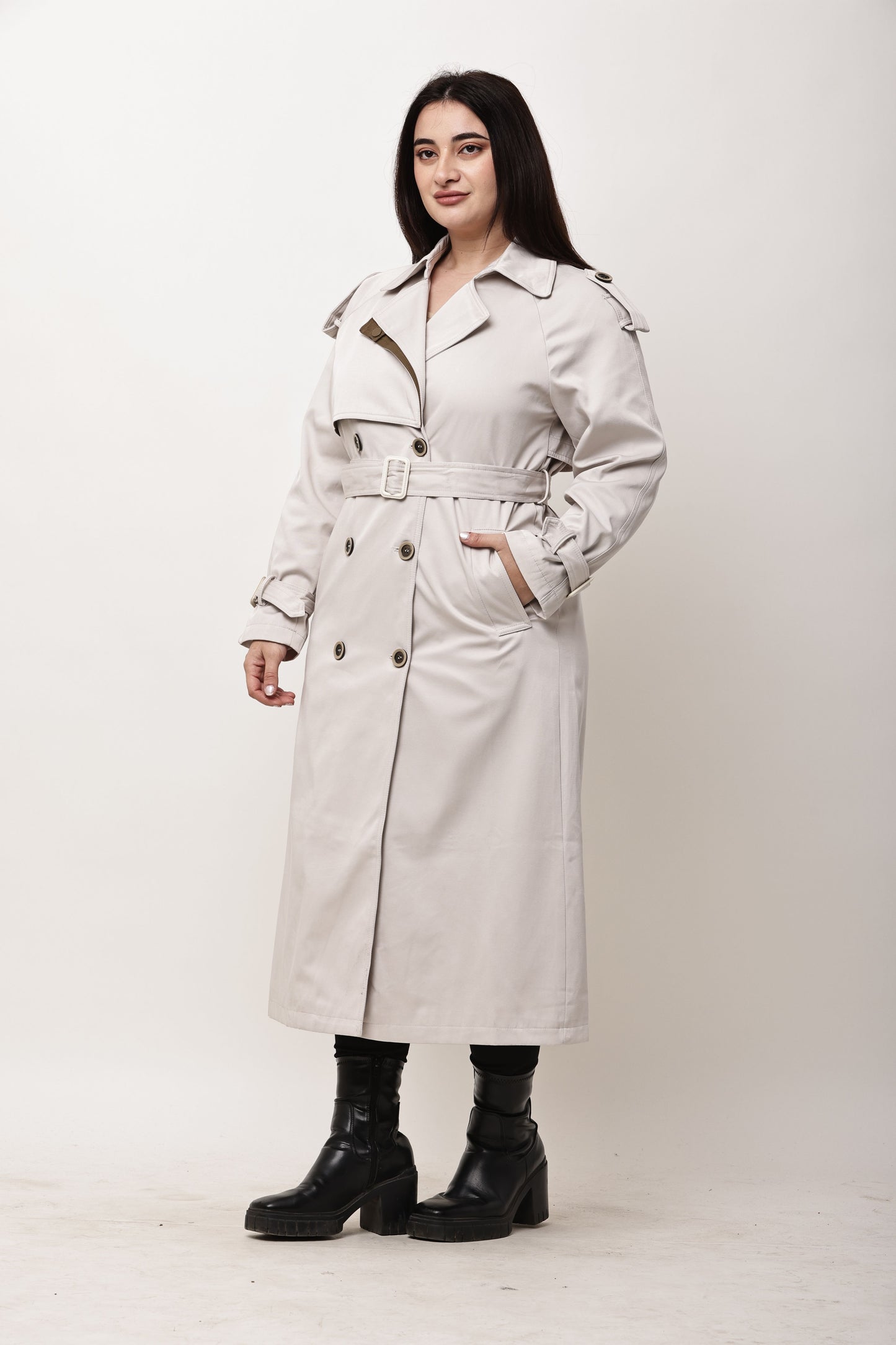 Beige Faux Leather Long Trench Coat for Women | Belted Winter Coat