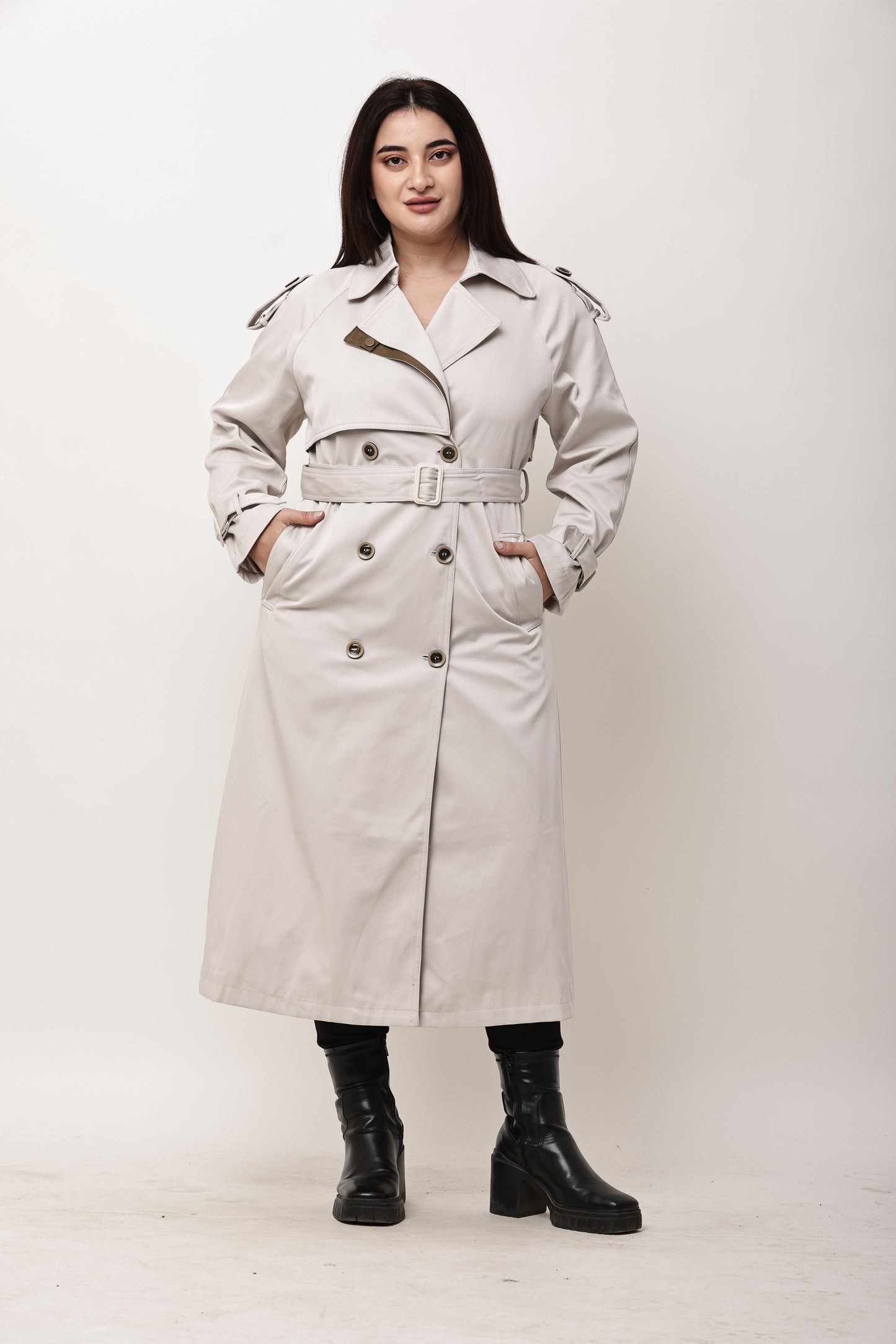 Beige Faux Leather Long Trench Coat for Women | Belted Winter Coat