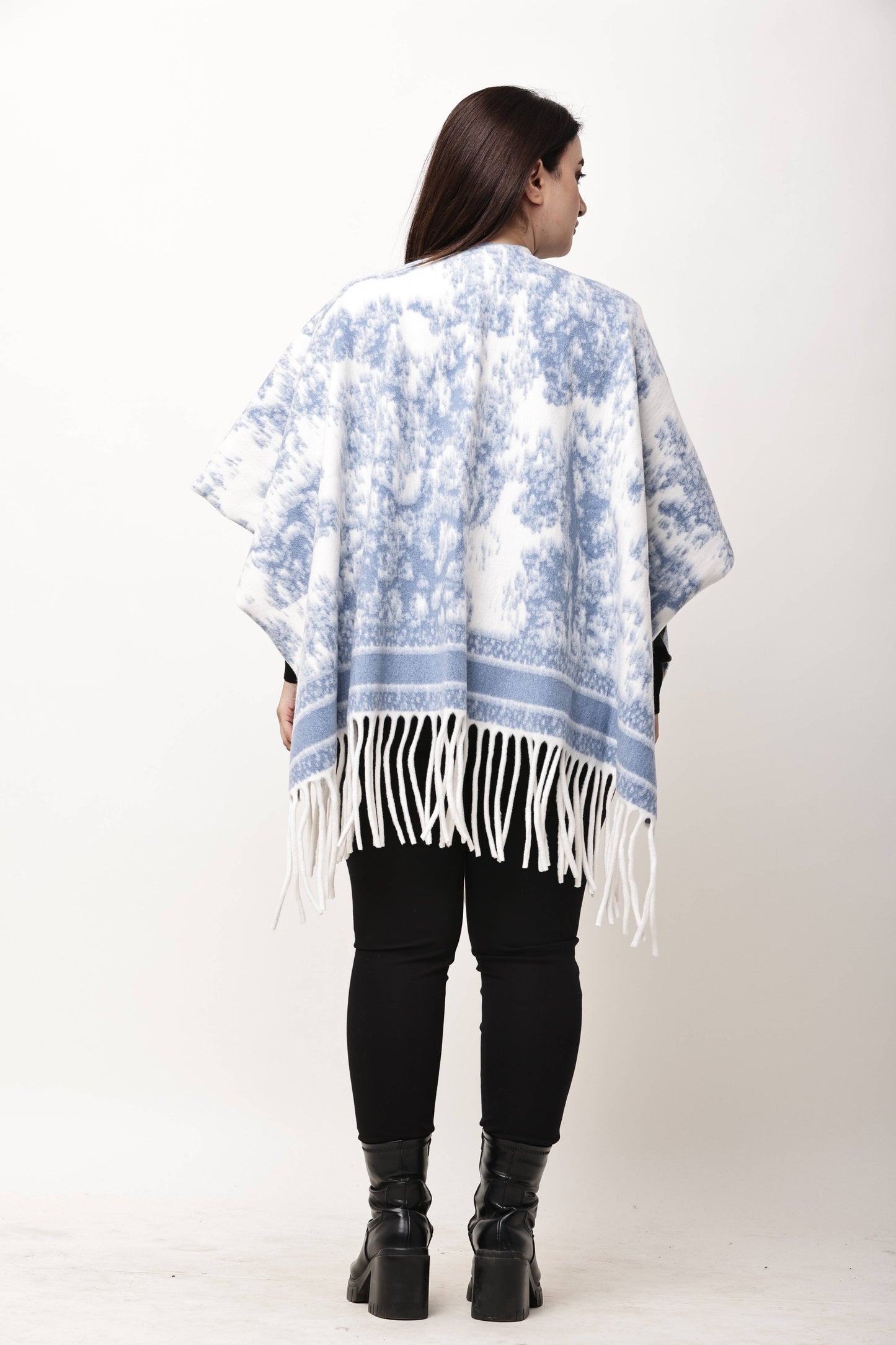 Korean Printed Winter Poncho for Women | Fringe Shawl Top