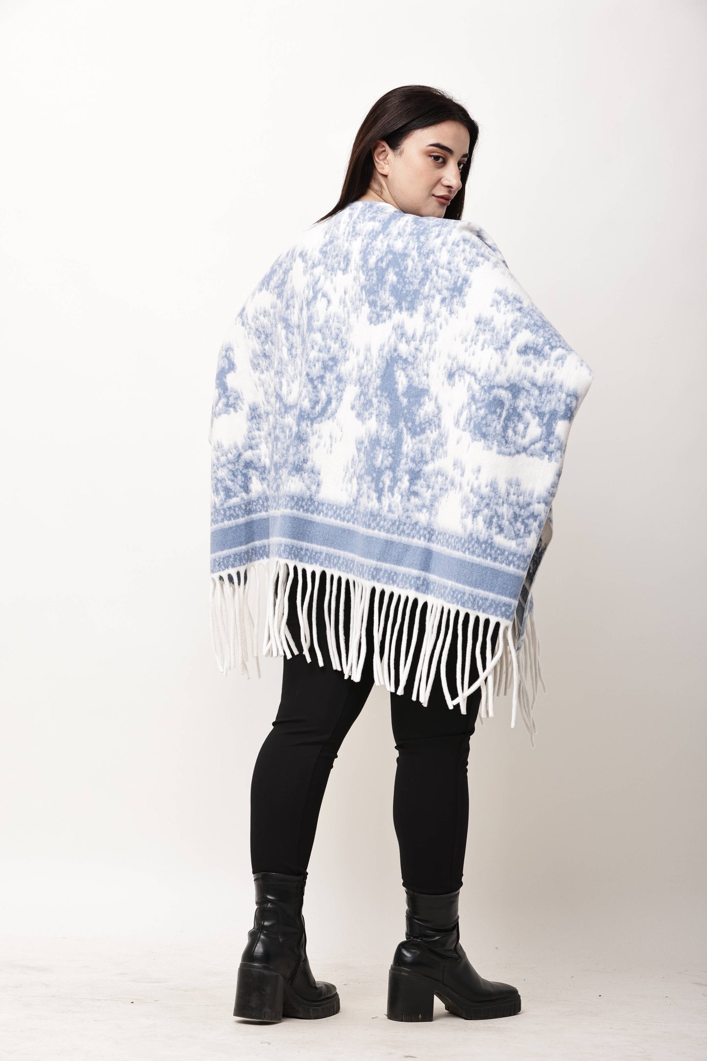 Korean Printed Winter Poncho for Women | Fringe Shawl Top
