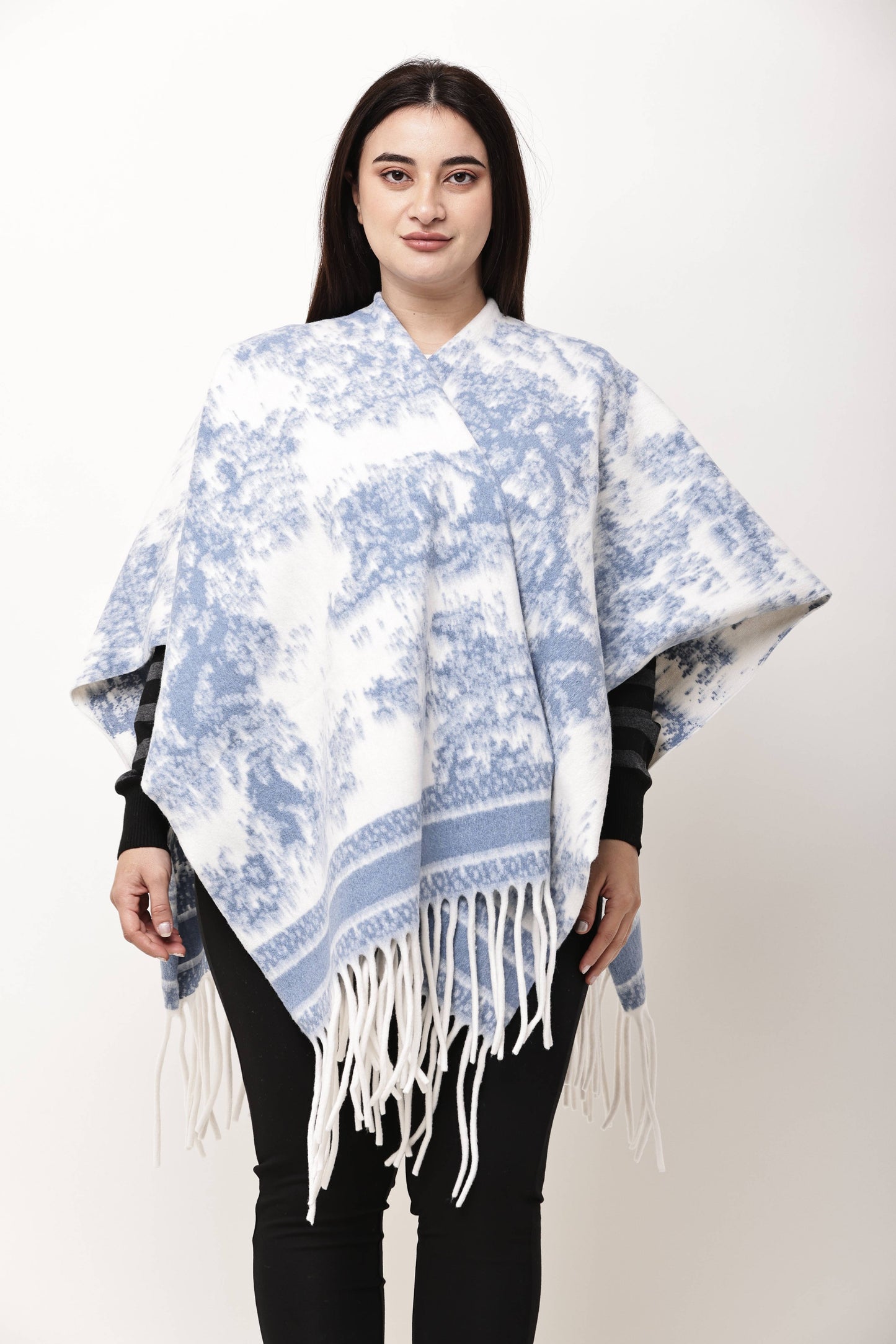 Korean Printed Winter Poncho for Women | Fringe Shawl Top