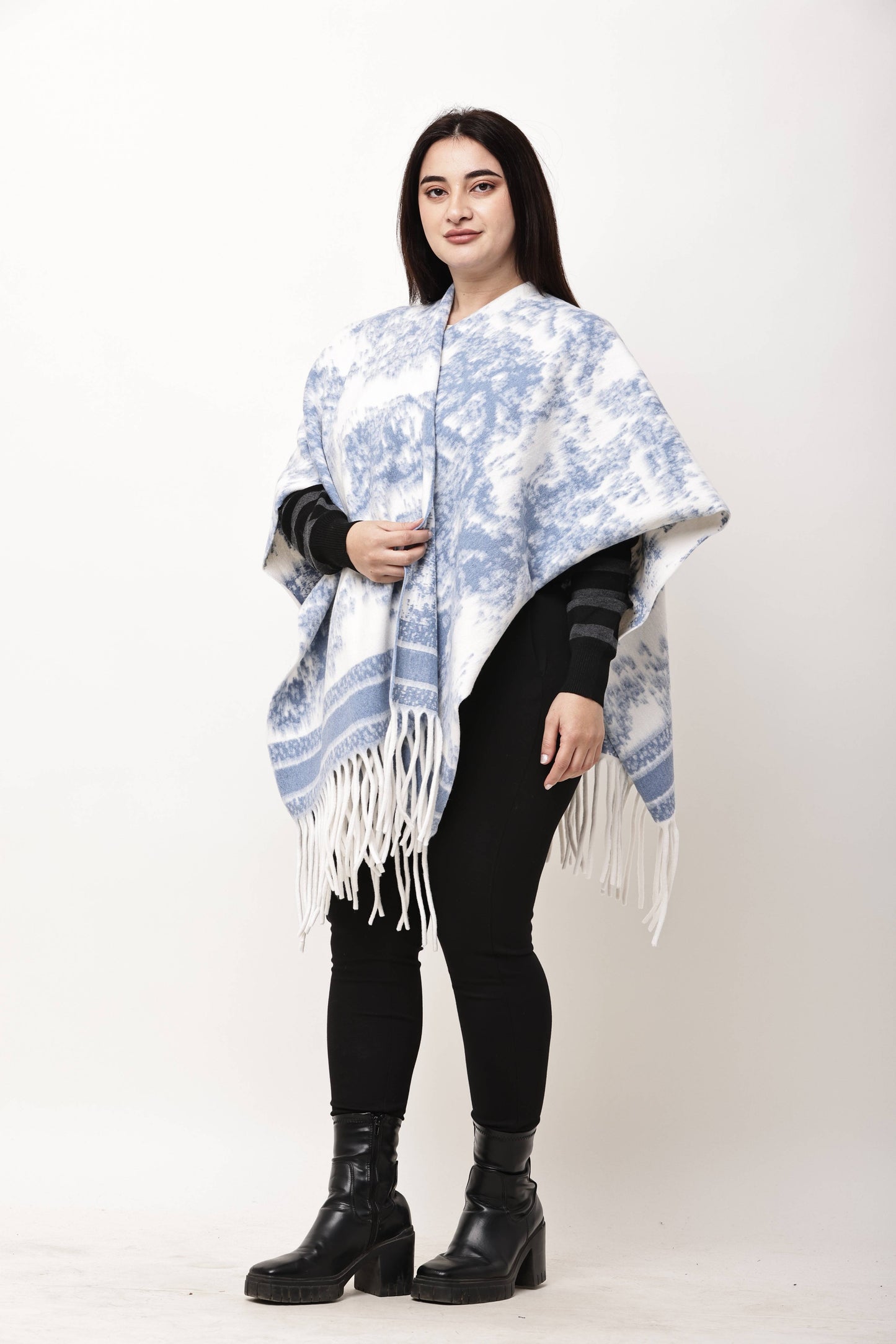 Korean Printed Winter Poncho for Women | Fringe Shawl Top