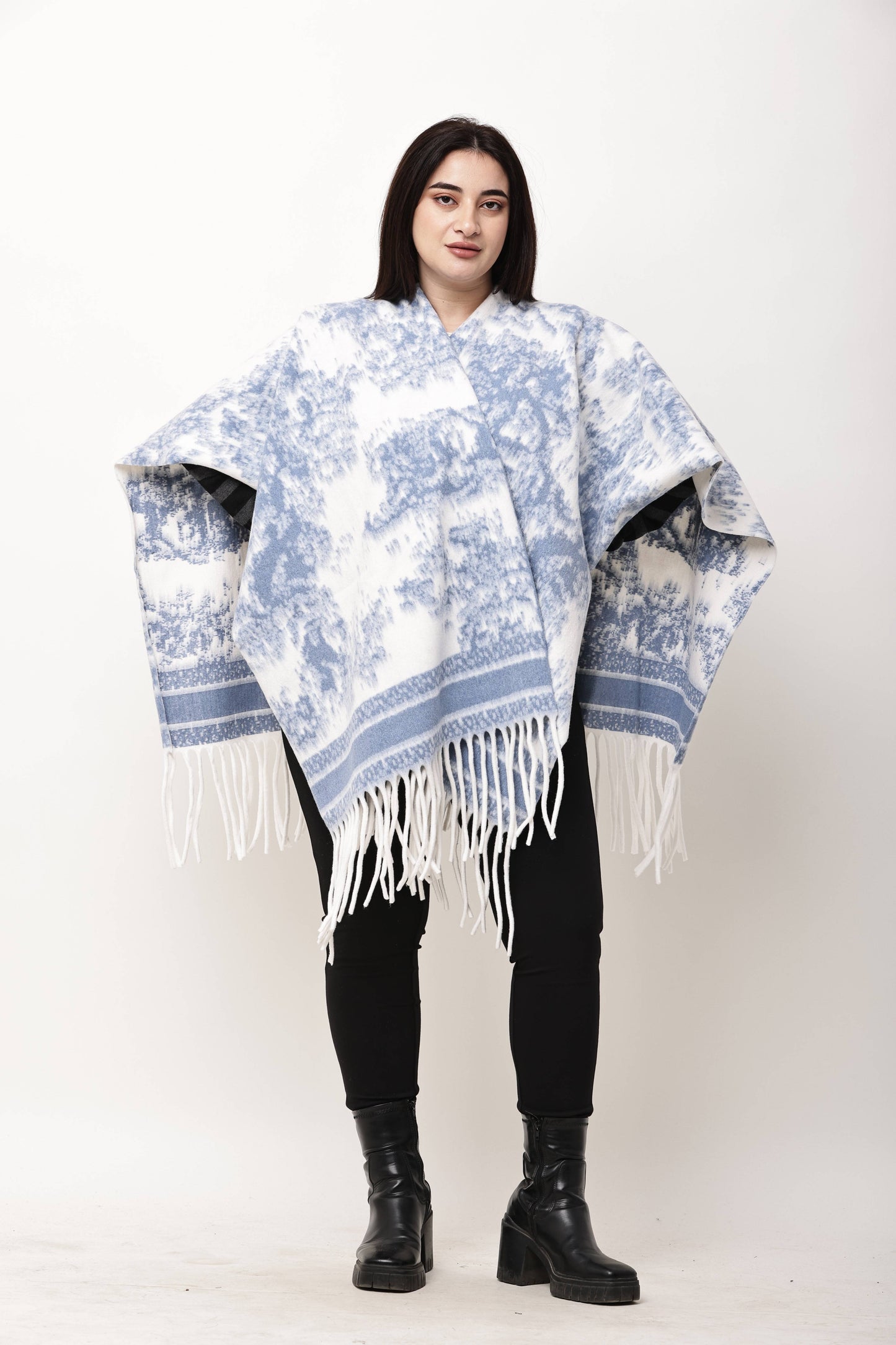 Korean Printed Winter Poncho for Women | Fringe Shawl Top