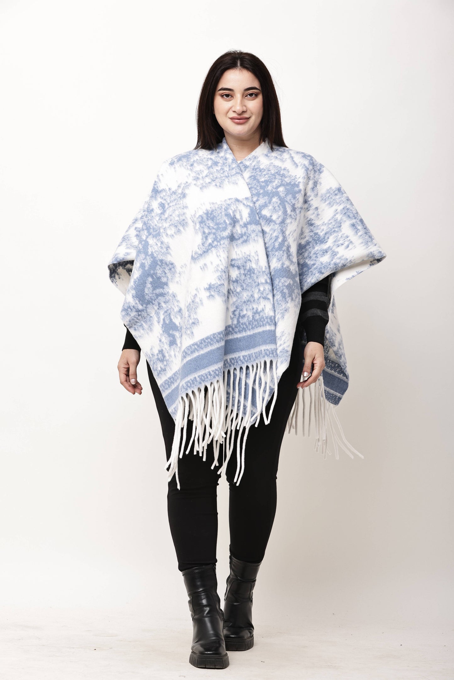Korean Printed Winter Poncho for Women | Fringe Shawl Top
