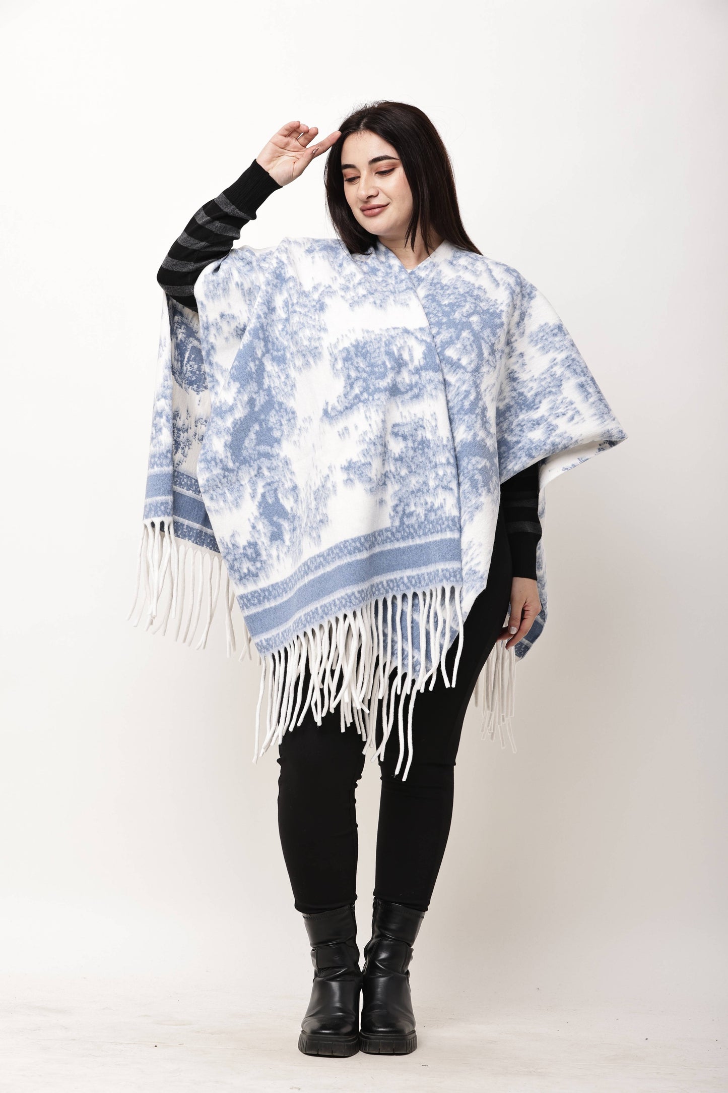Korean Printed Winter Poncho for Women | Fringe Shawl Top