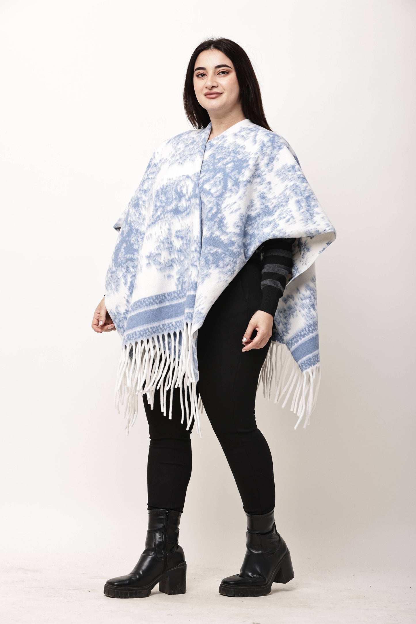Korean Printed Winter Poncho for Women | Fringe Shawl Top
