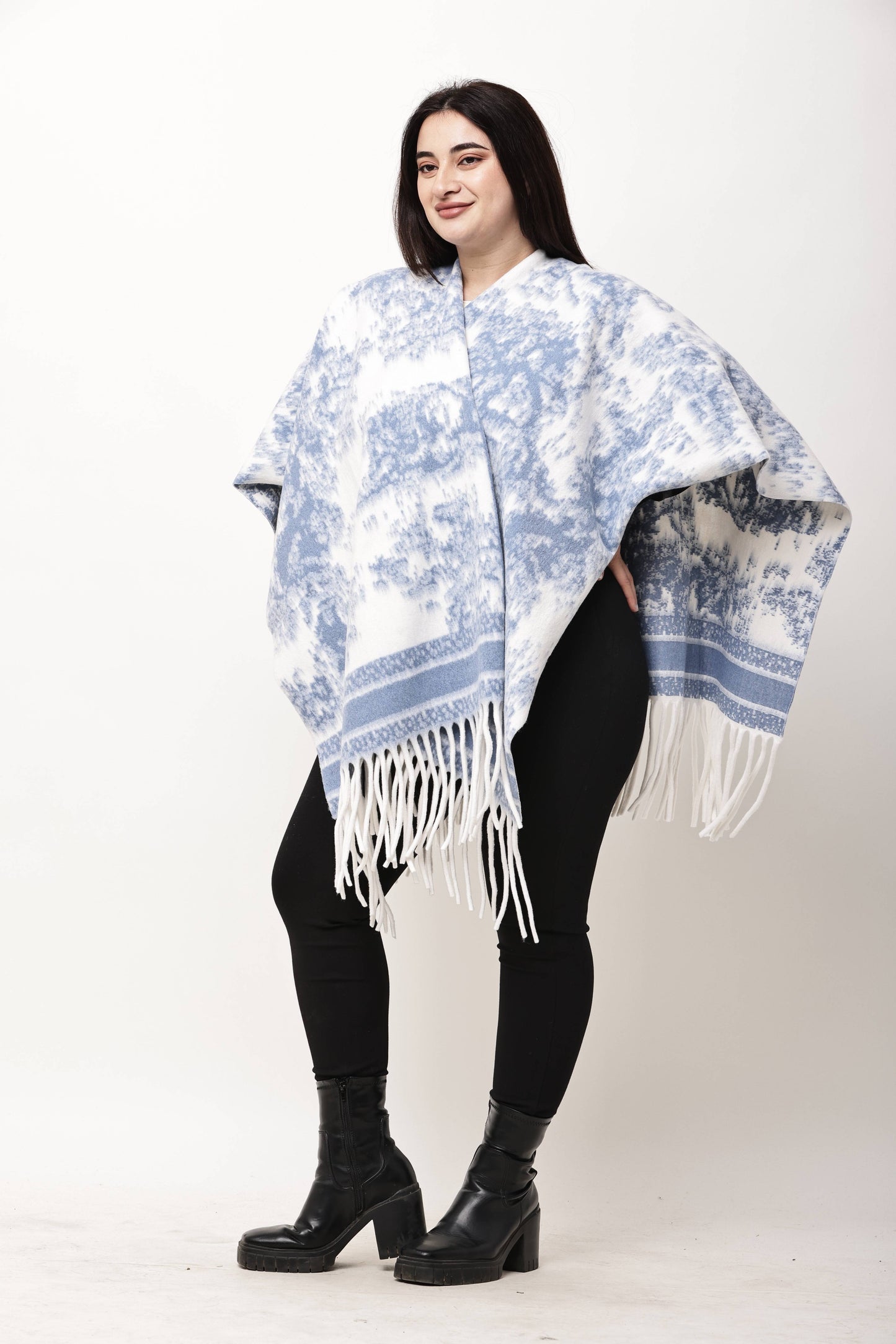 Korean Printed Winter Poncho for Women | Fringe Shawl Top
