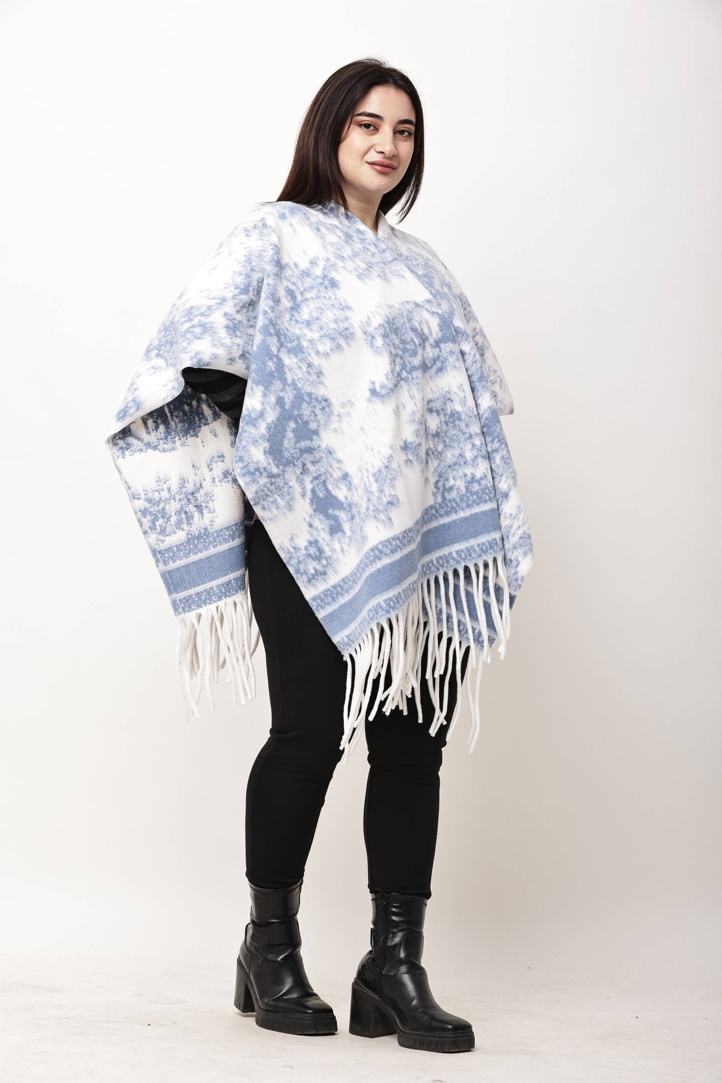 Korean Printed Winter Poncho for Women | Fringe Shawl Top