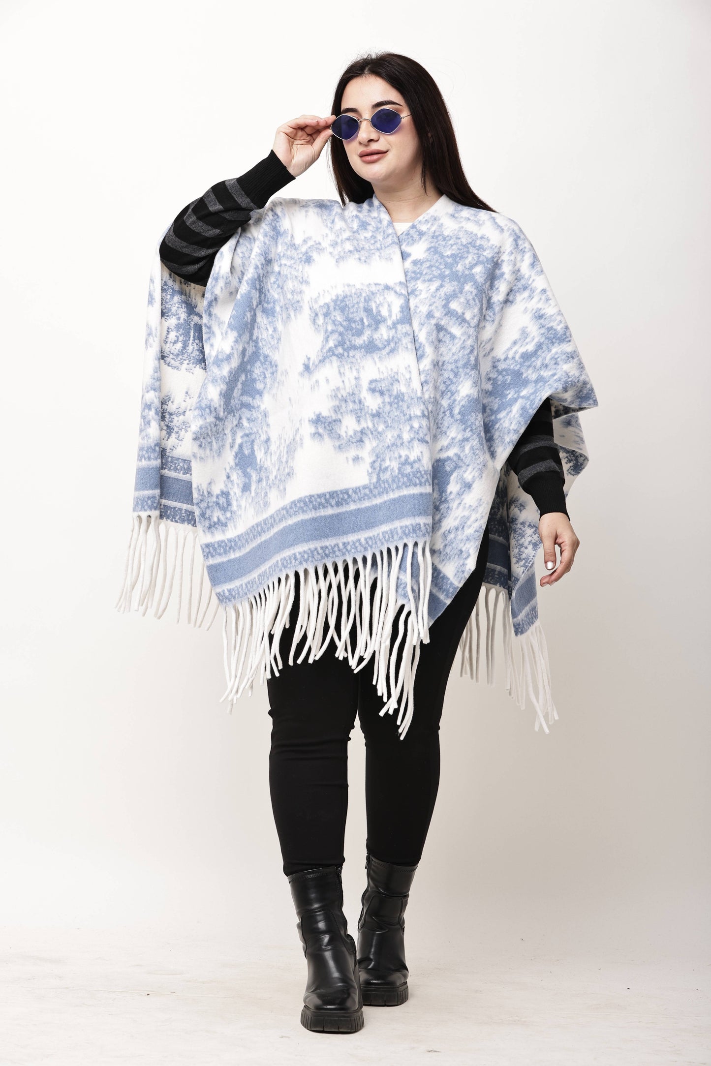 Korean Printed Winter Poncho for Women | Fringe Shawl Top
