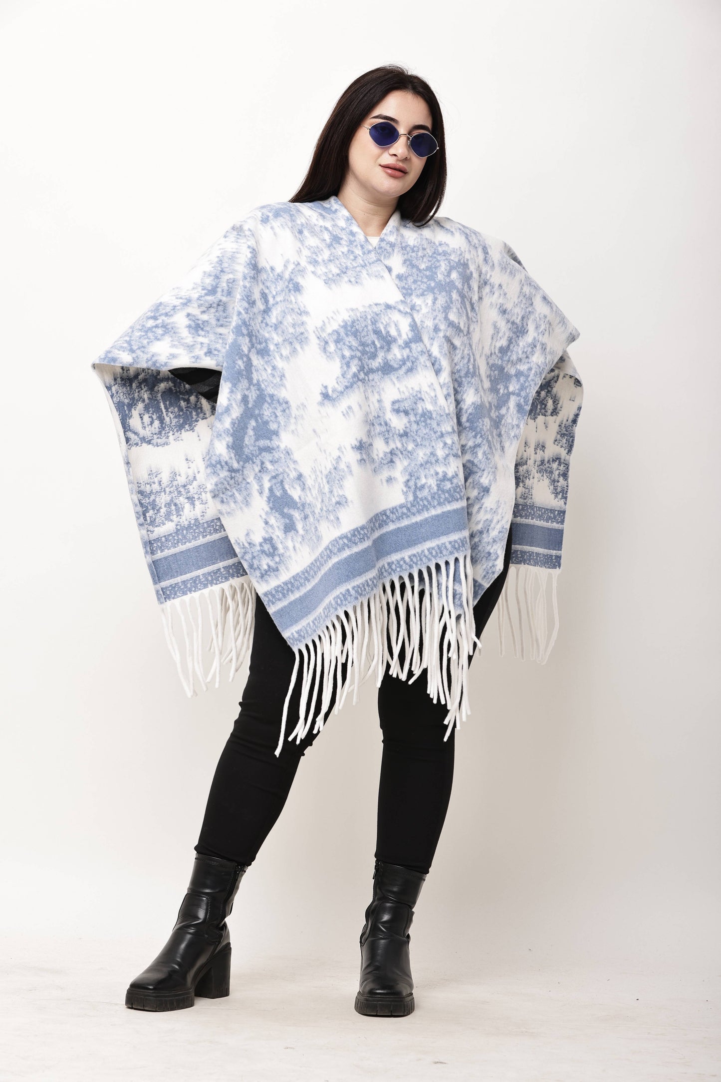 Korean Printed Winter Poncho for Women | Fringe Shawl Top