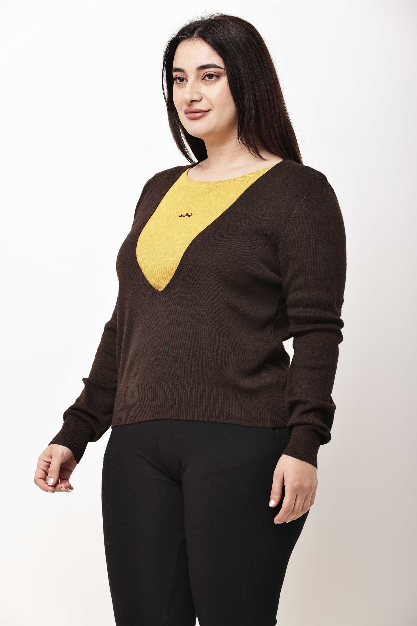 Dark Grey V-Neck Knit Sweater for Women | Winter Pullover Top