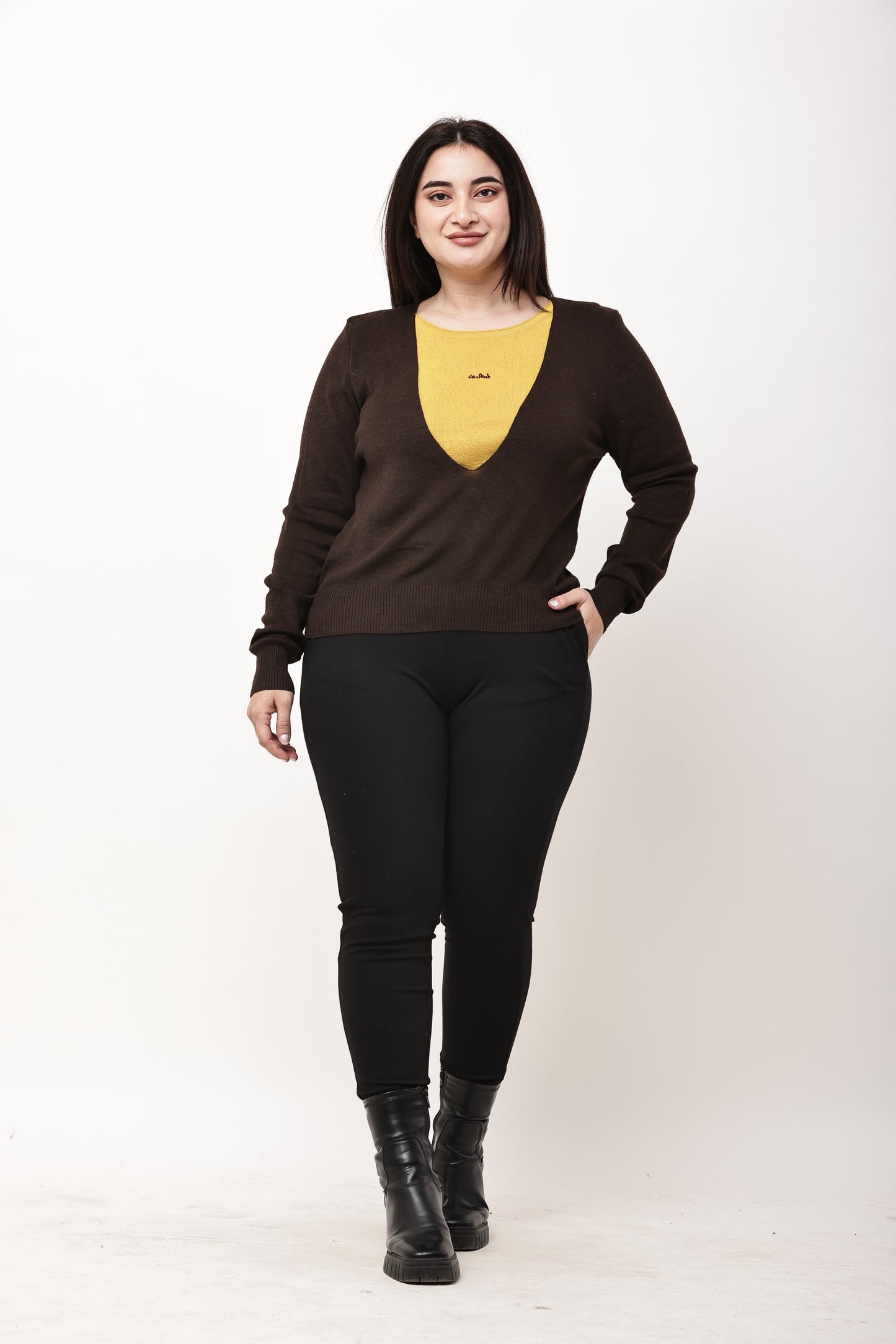 Dark Grey V-Neck Knit Sweater for Women | Winter Pullover Top