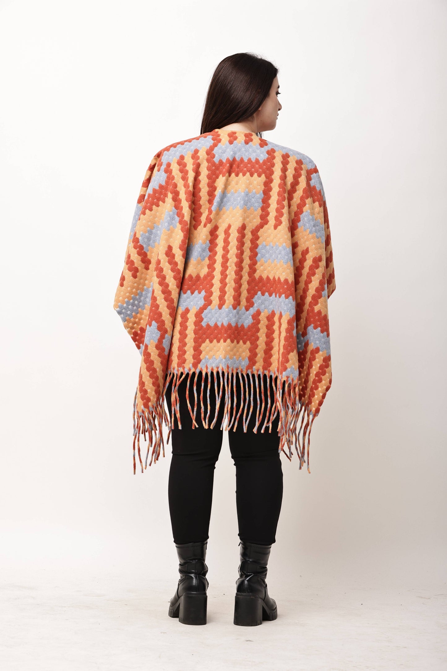Korean Printed Winter Poncho for Women | Fringe Shawl Top
