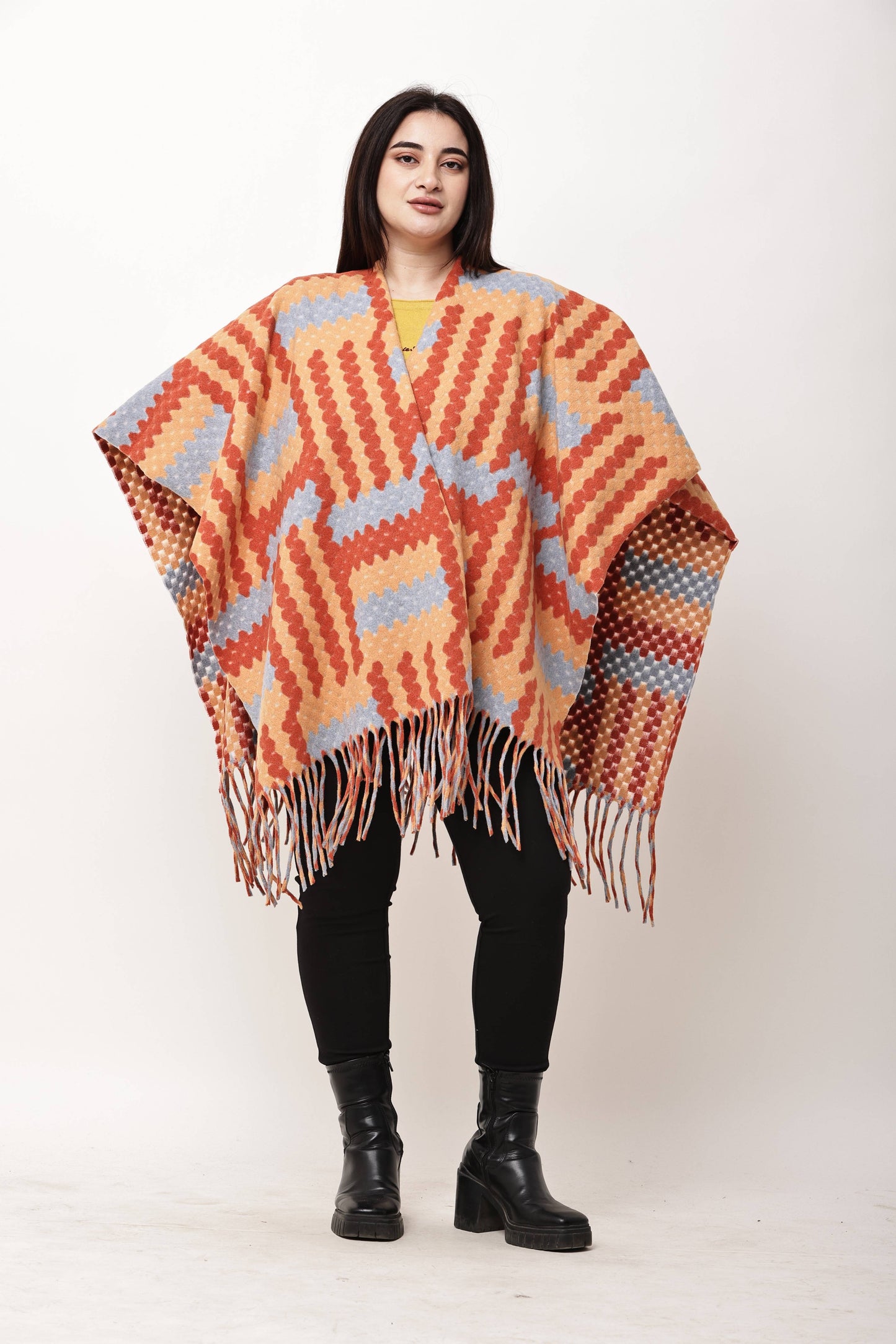 Korean Printed Winter Poncho for Women | Fringe Shawl Top