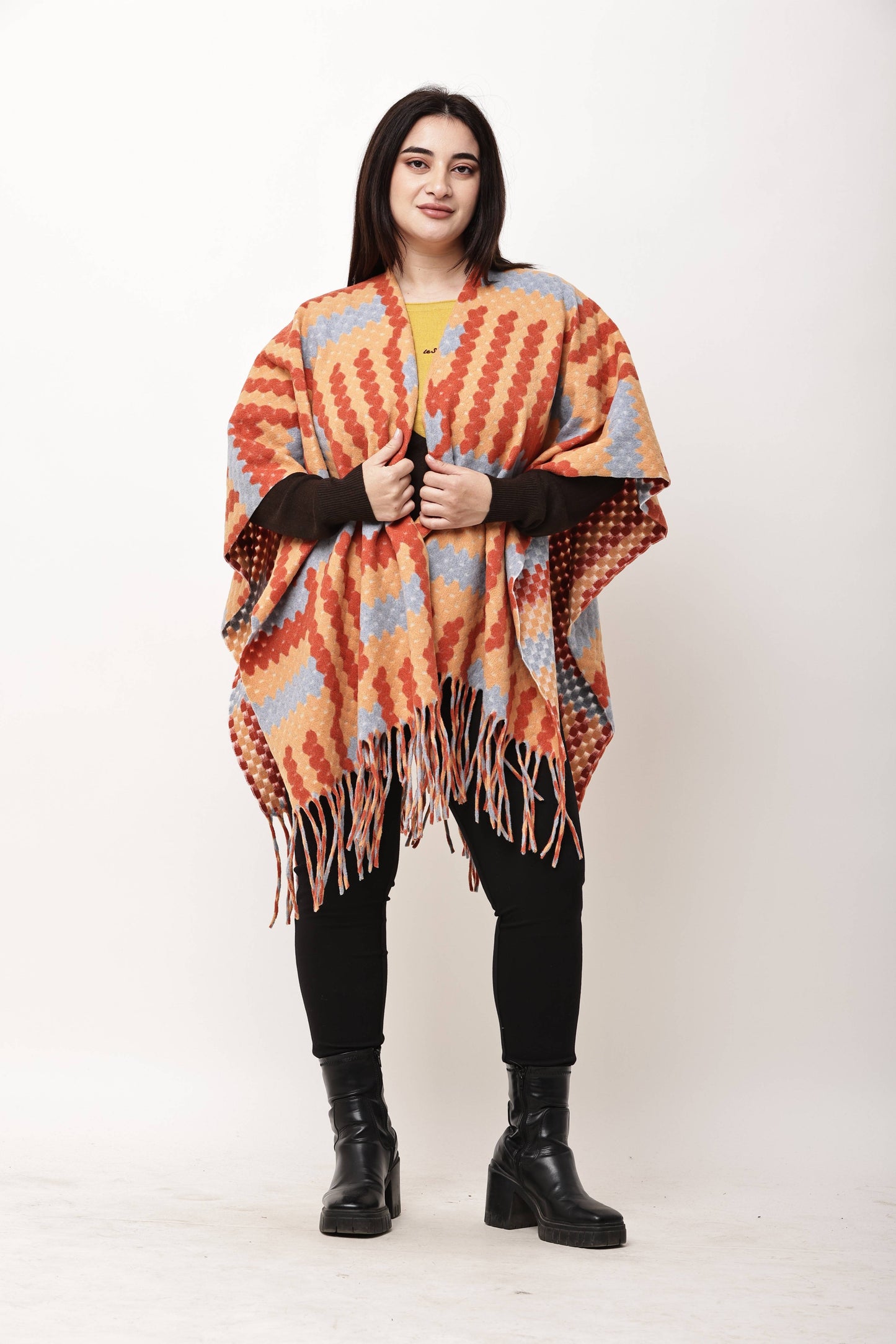 Korean Printed Winter Poncho for Women | Fringe Shawl Top