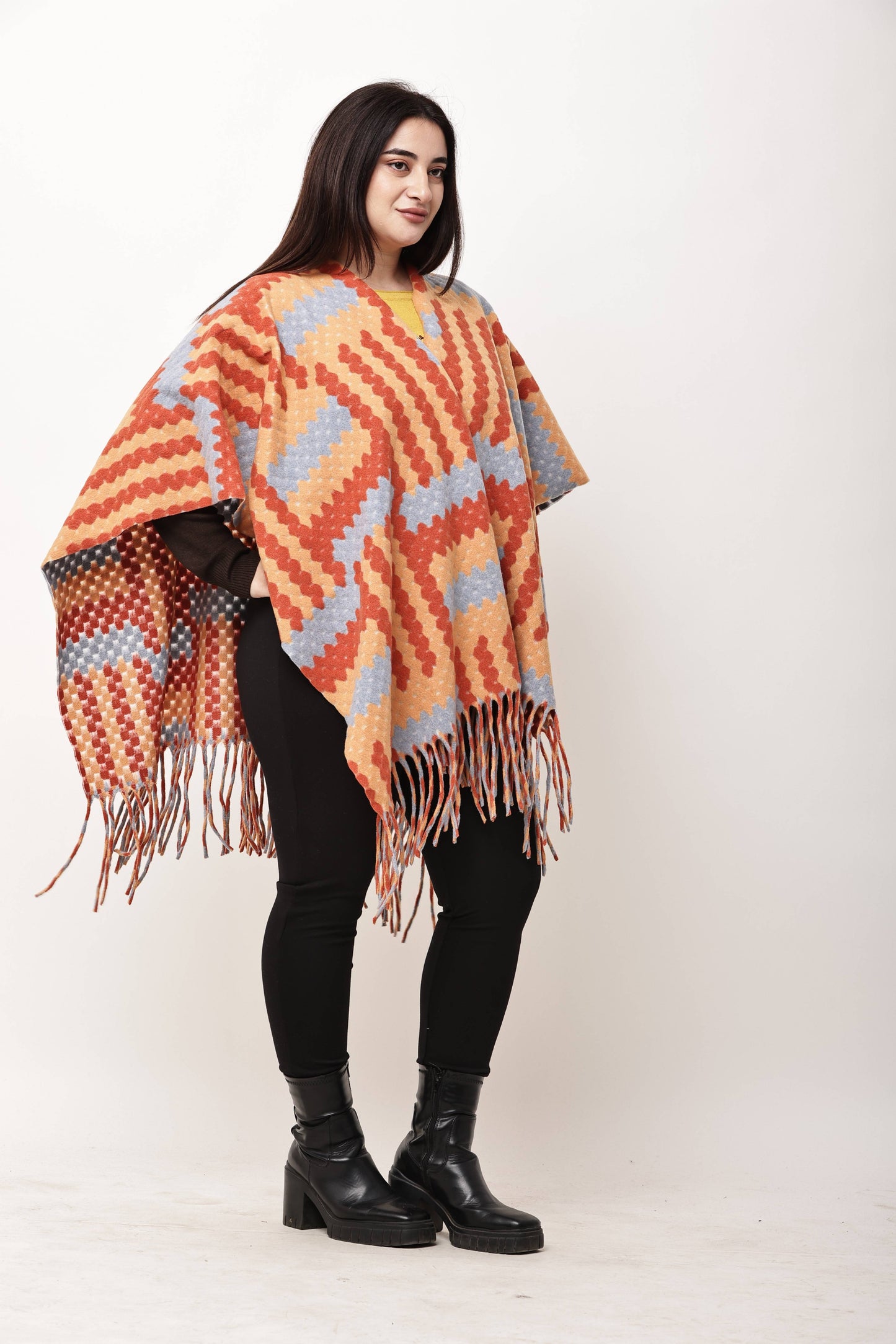 Korean Printed Winter Poncho for Women | Fringe Shawl Top