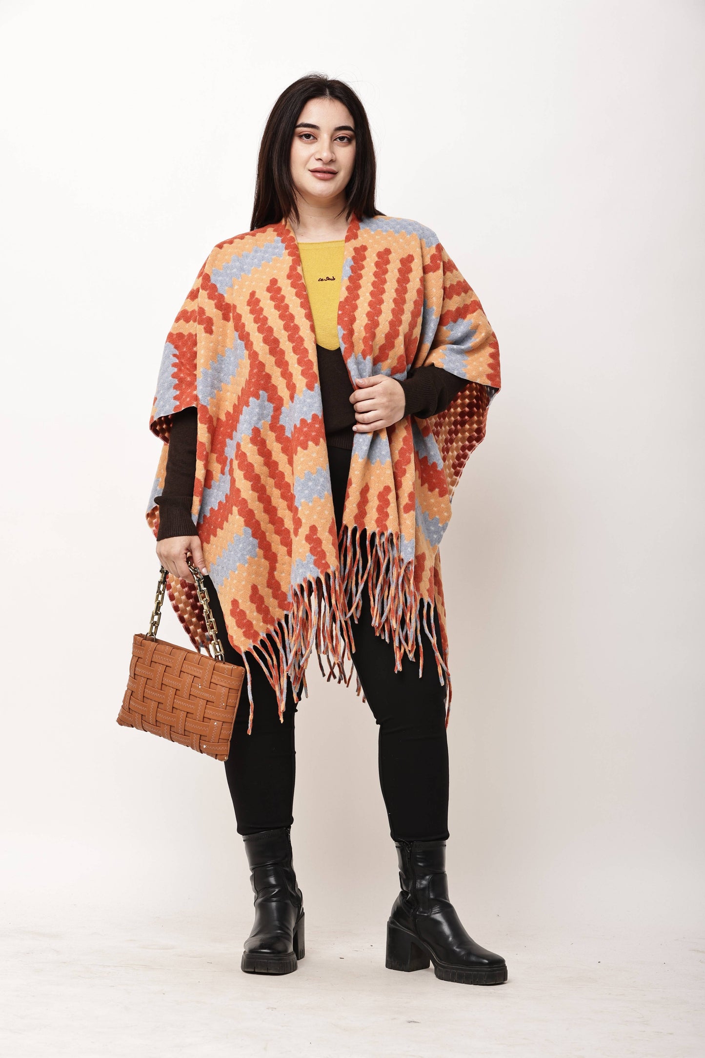 Korean Printed Winter Poncho for Women | Fringe Shawl Top