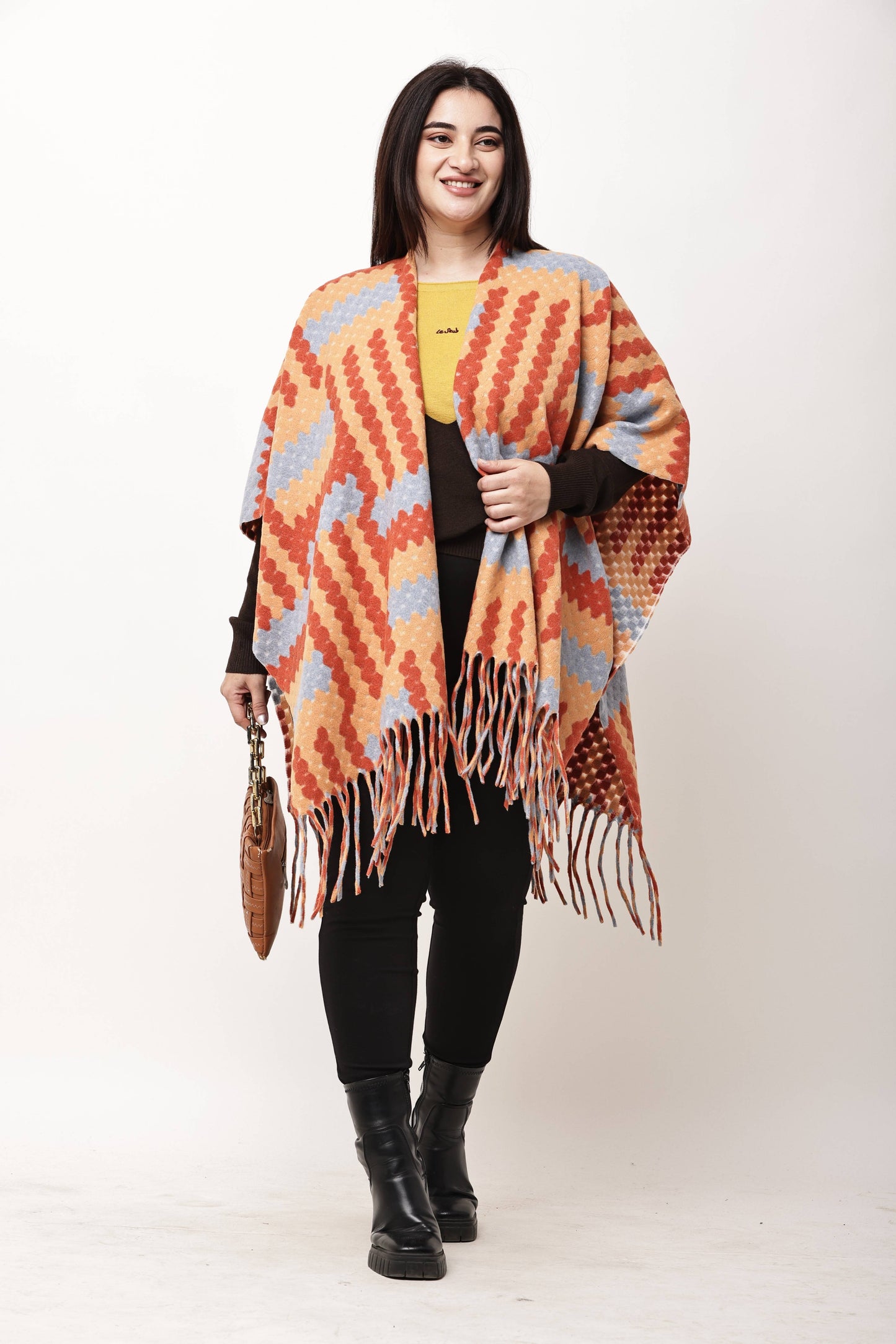 Korean Printed Winter Poncho for Women | Fringe Shawl Top