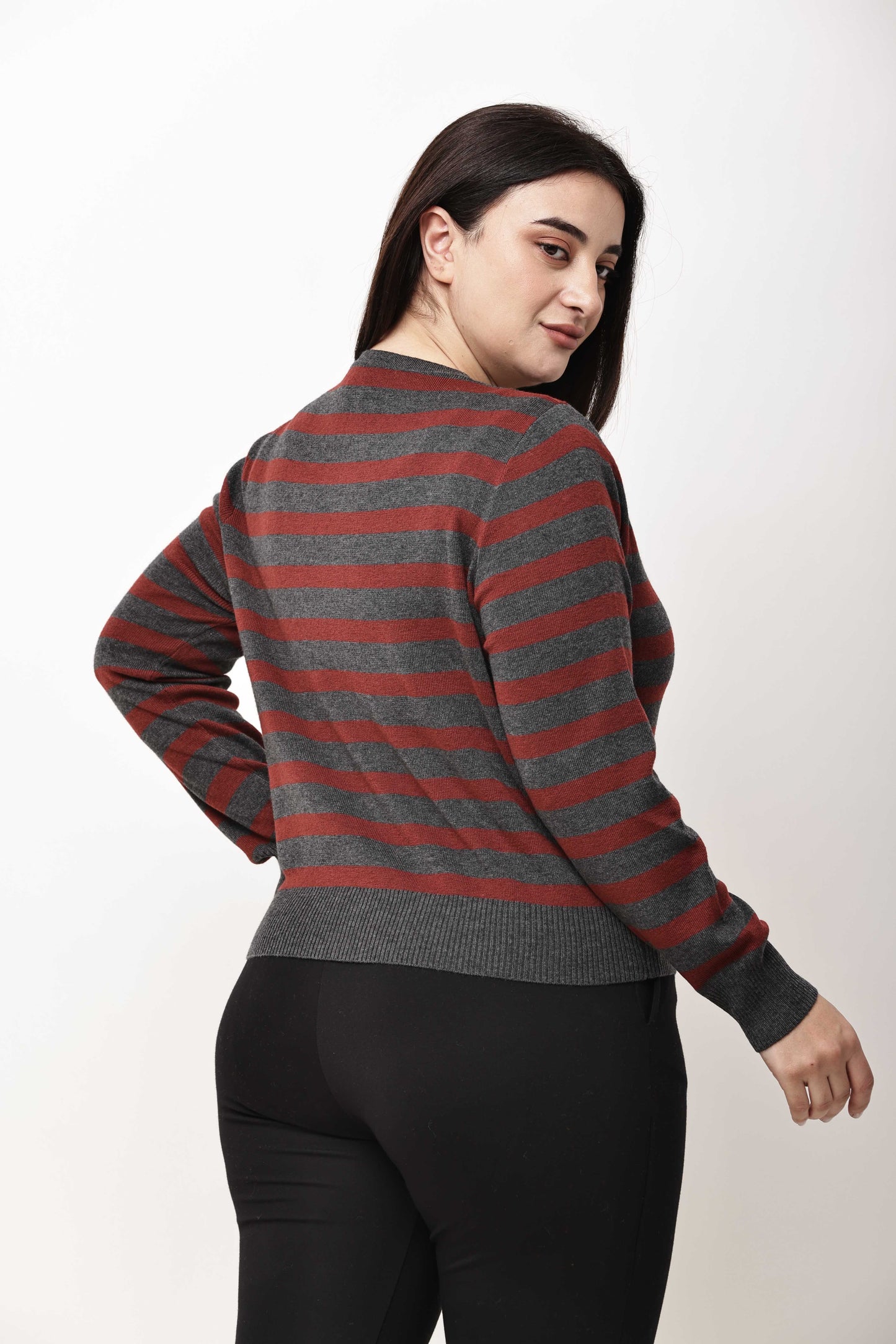 Dark Grey V-Neck Knit Sweater for Women | Winter Pullover Top