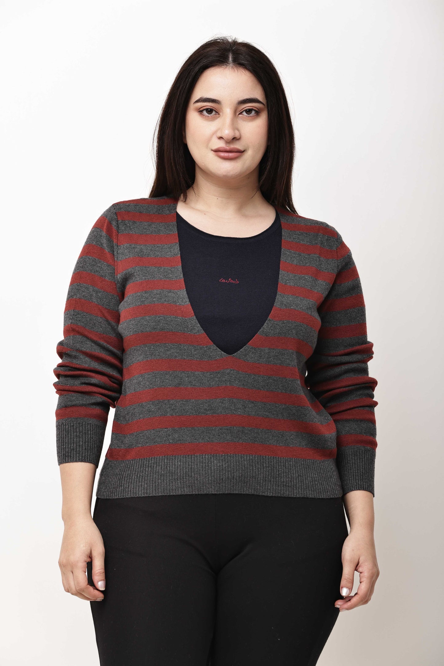 Dark Grey V-Neck Knit Sweater for Women | Winter Pullover Top