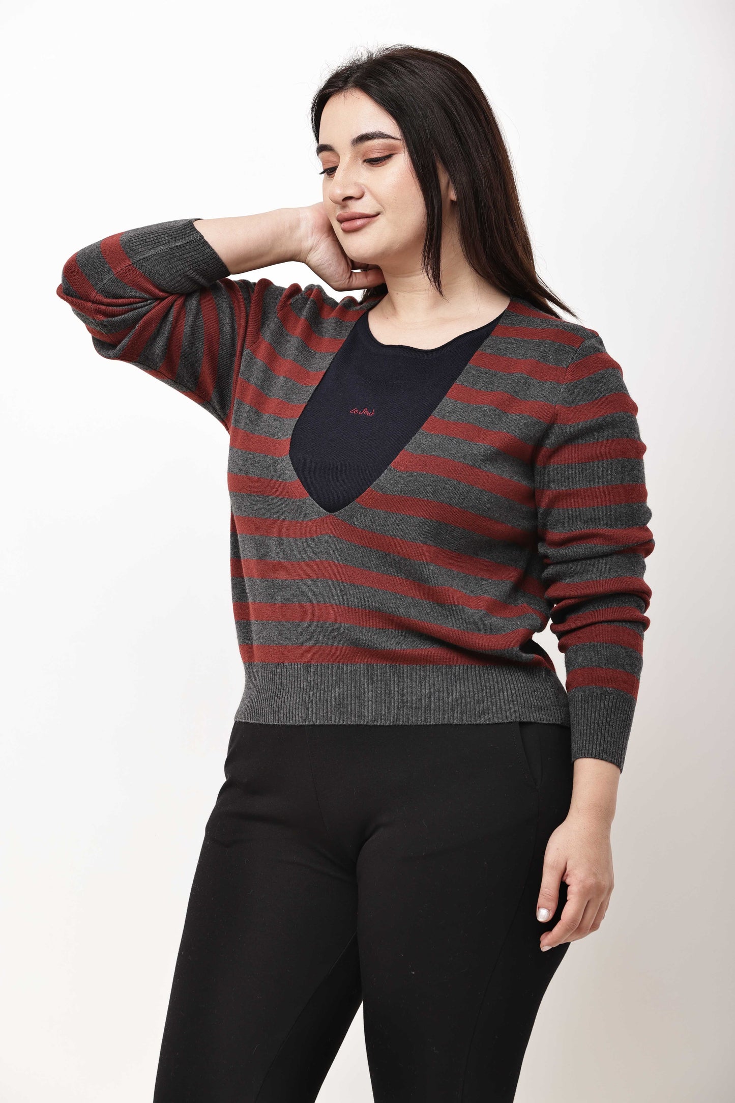 Dark Grey V-Neck Knit Sweater for Women | Winter Pullover Top