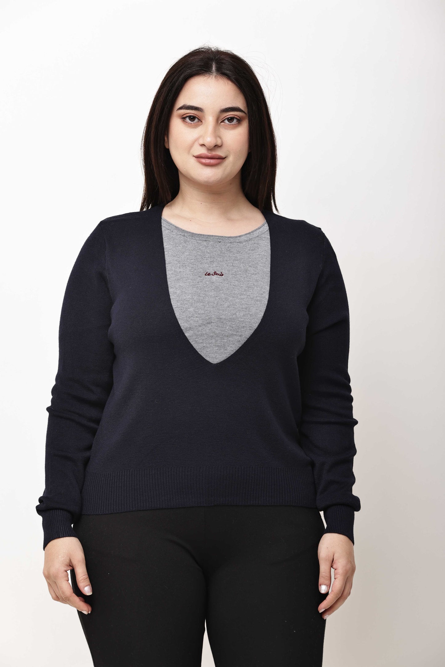 Dark Grey V-Neck Knit Sweater for Women | Winter Pullover Top