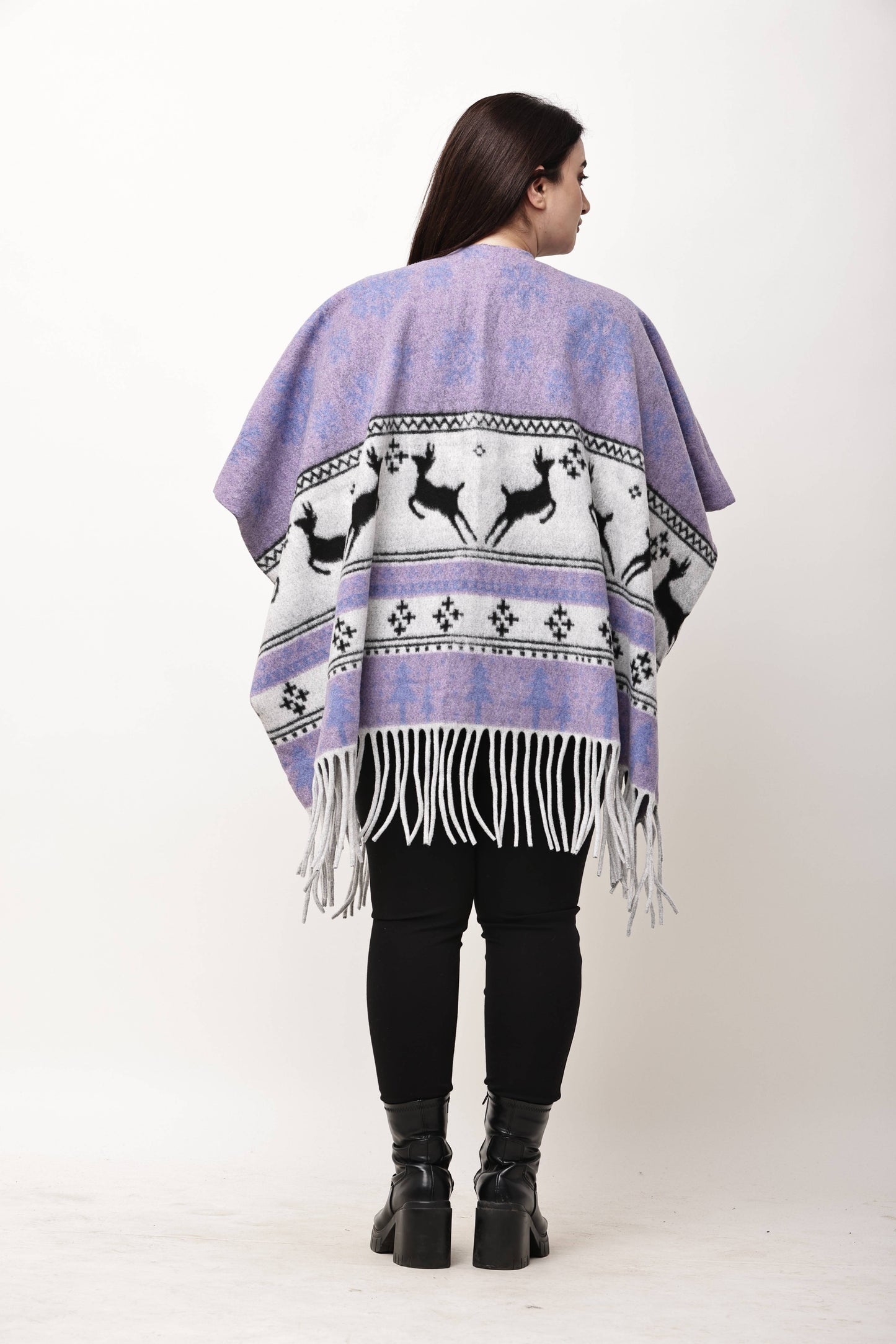 Korean Printed Winter Poncho for Women | Fringe Shawl Top