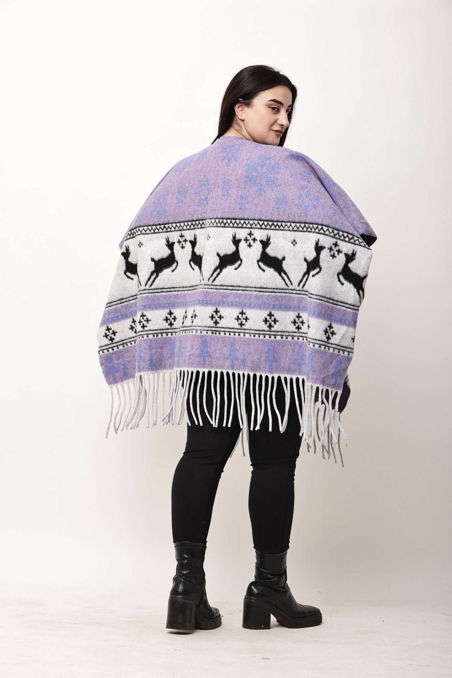 Korean Printed Winter Poncho for Women | Fringe Shawl Top