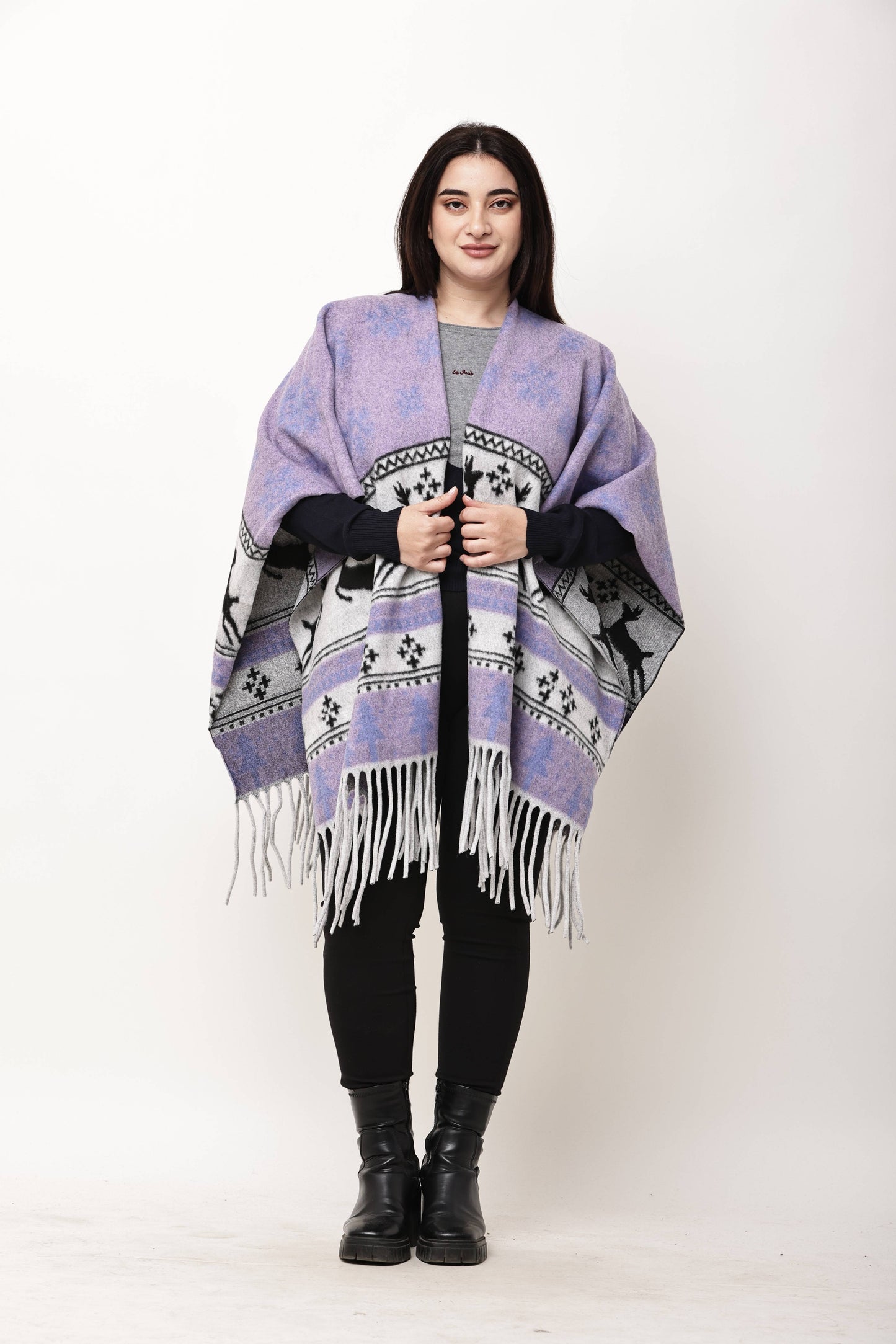 Korean Printed Winter Poncho for Women | Fringe Shawl Top