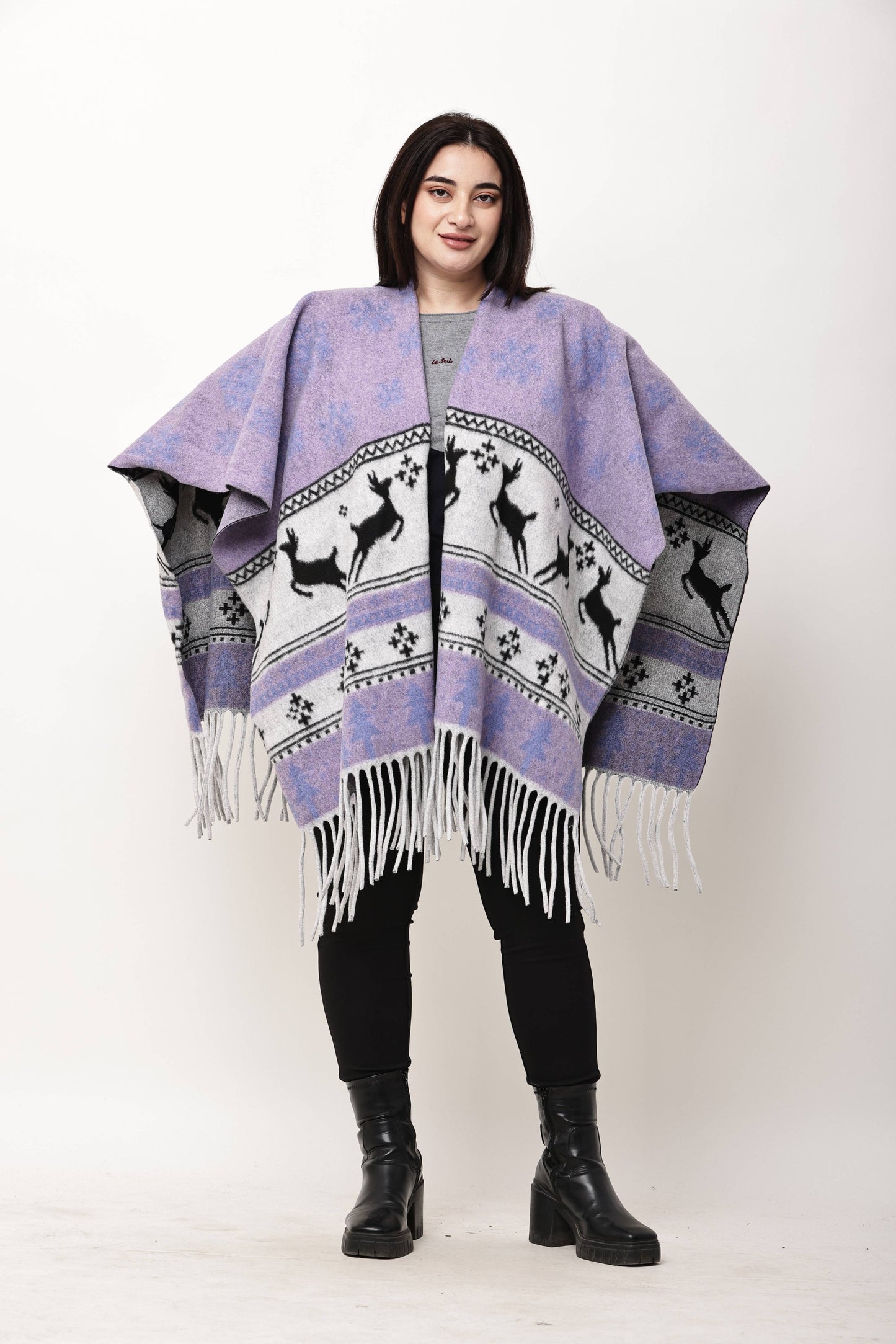 Korean Printed Winter Poncho for Women | Fringe Shawl Top