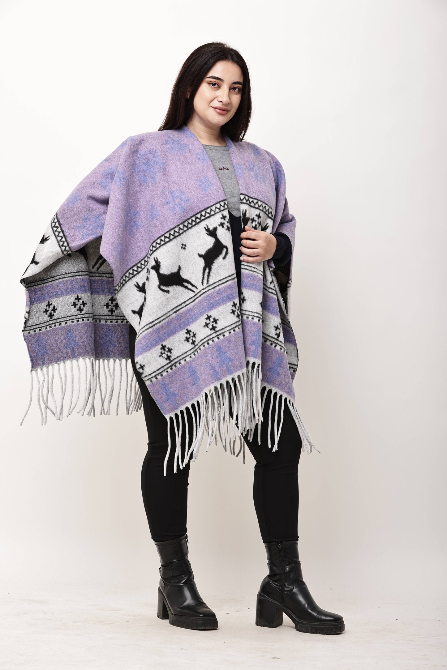 Korean Printed Winter Poncho for Women | Fringe Shawl Top