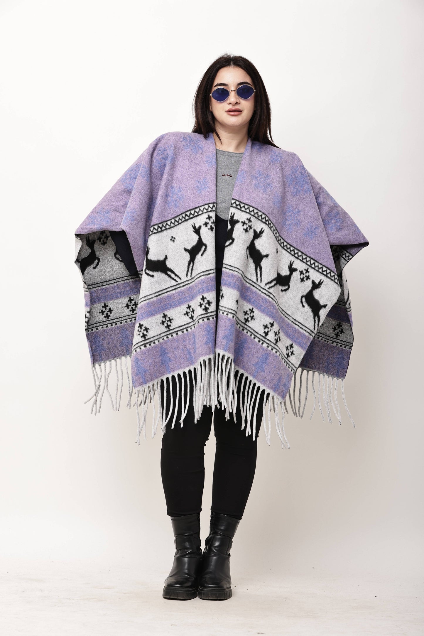 Korean Printed Winter Poncho for Women | Fringe Shawl Top