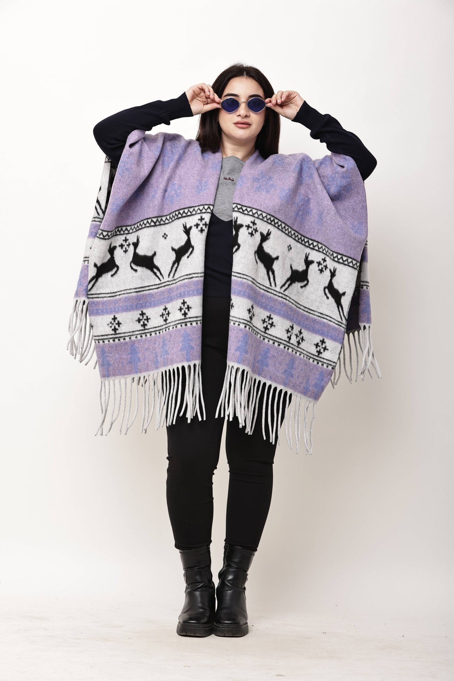 Korean Printed Winter Poncho for Women | Fringe Shawl Top
