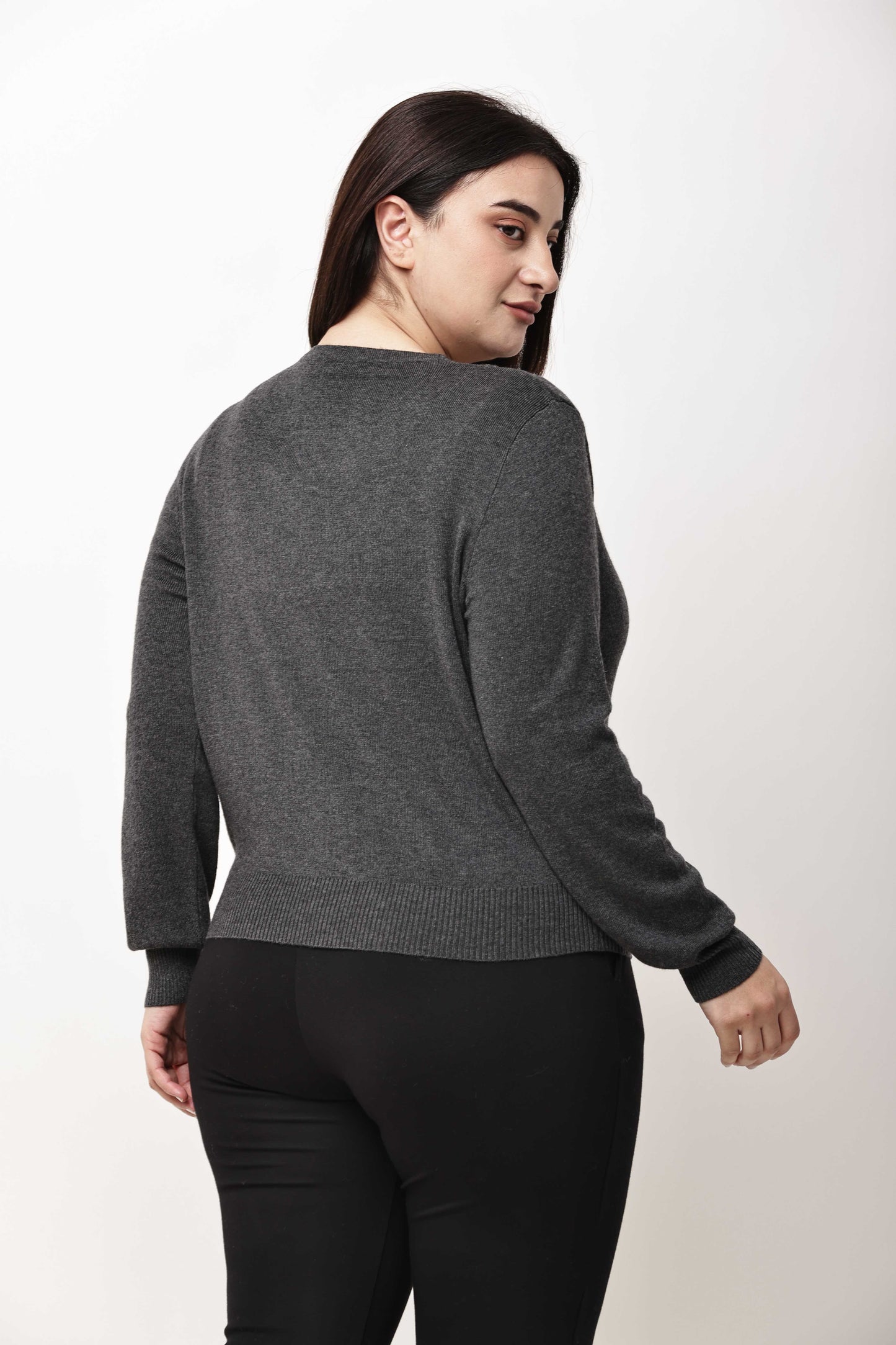Dark Grey V-Neck Knit Sweater for Women | Winter Pullover Top