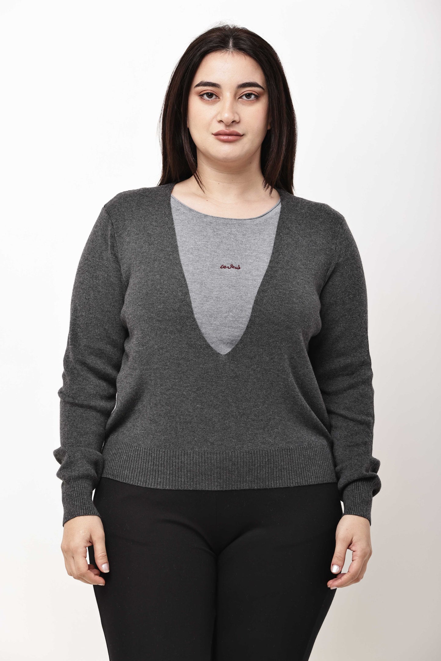 Dark Grey V-Neck Knit Sweater for Women | Winter Pullover Top